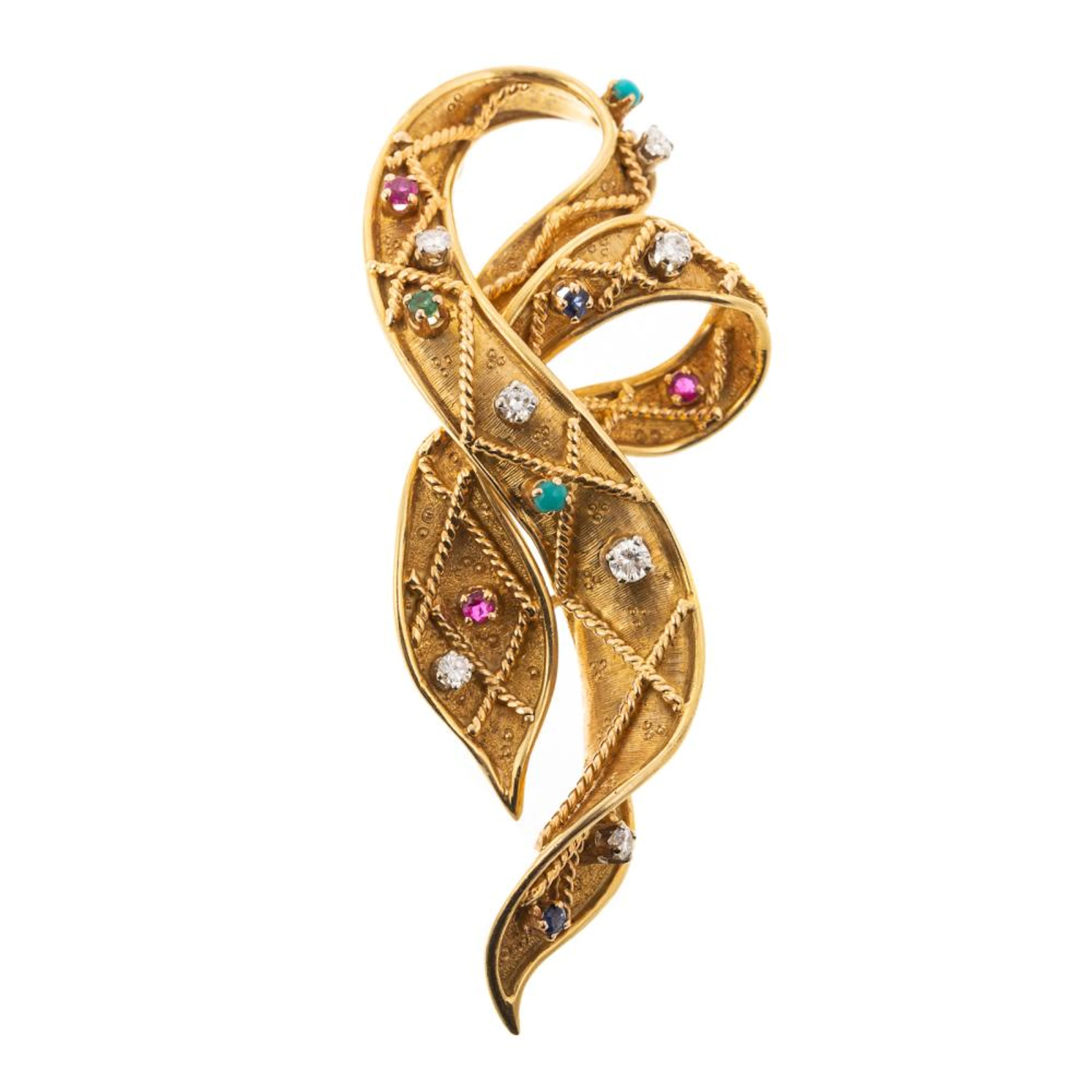 A Vintage Ribbon Brooch with Gemstones in 18K