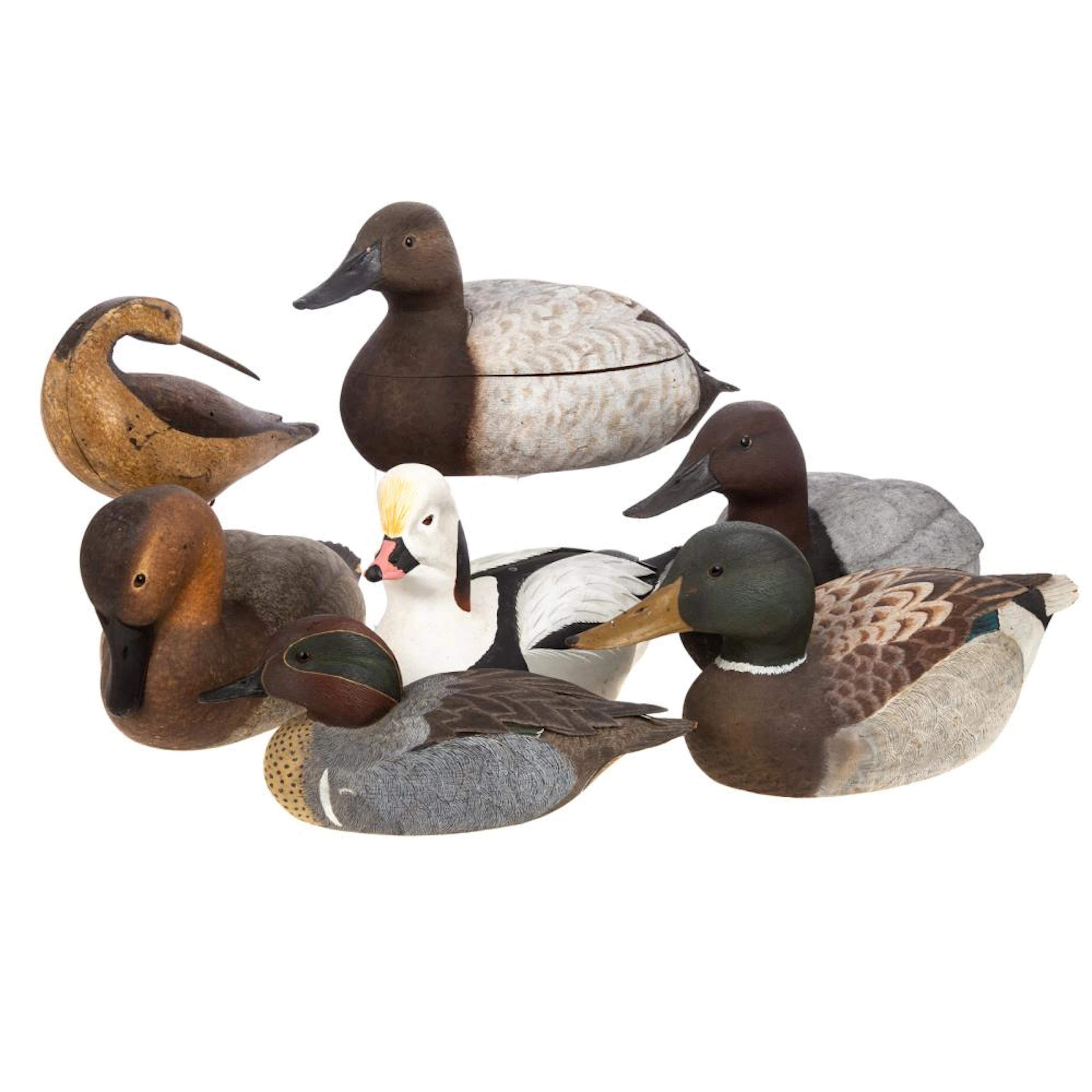 Six Carved Wood Ducks & Primitive Shore Bird