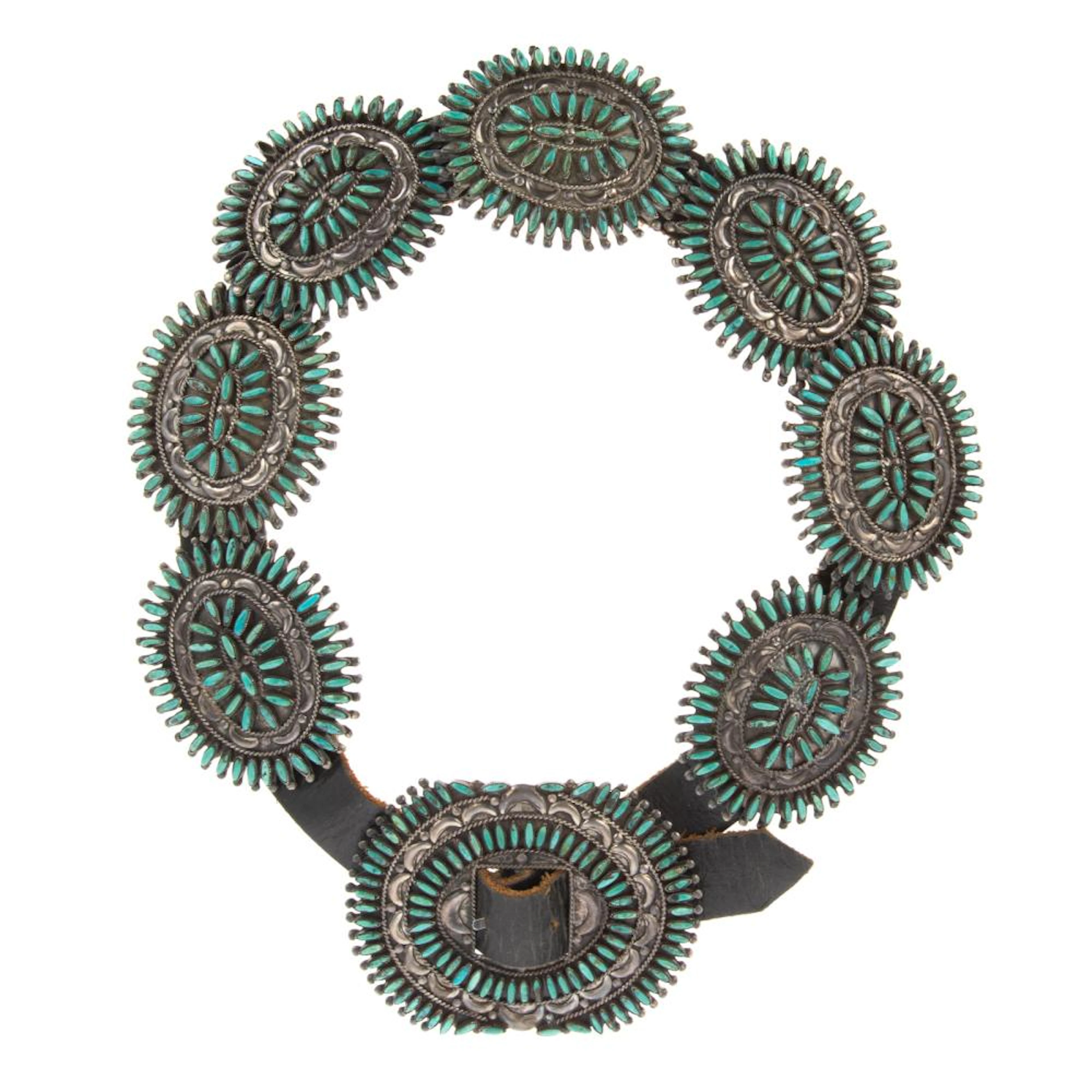 A Zuni Turquoise & Silver Concho Belt by V.M.B.