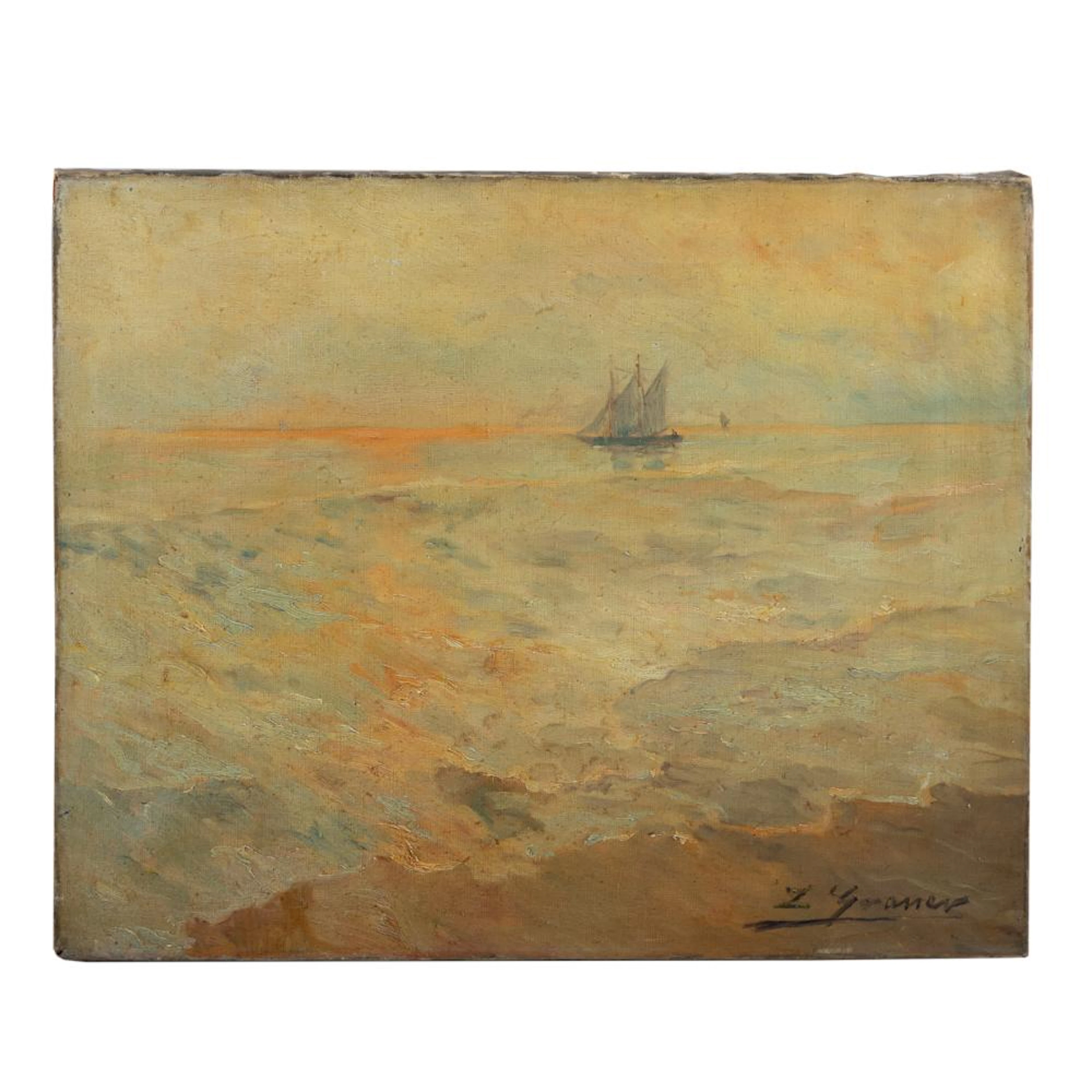 Luis Graner Arrufi. Seascape with Schooner, oil
