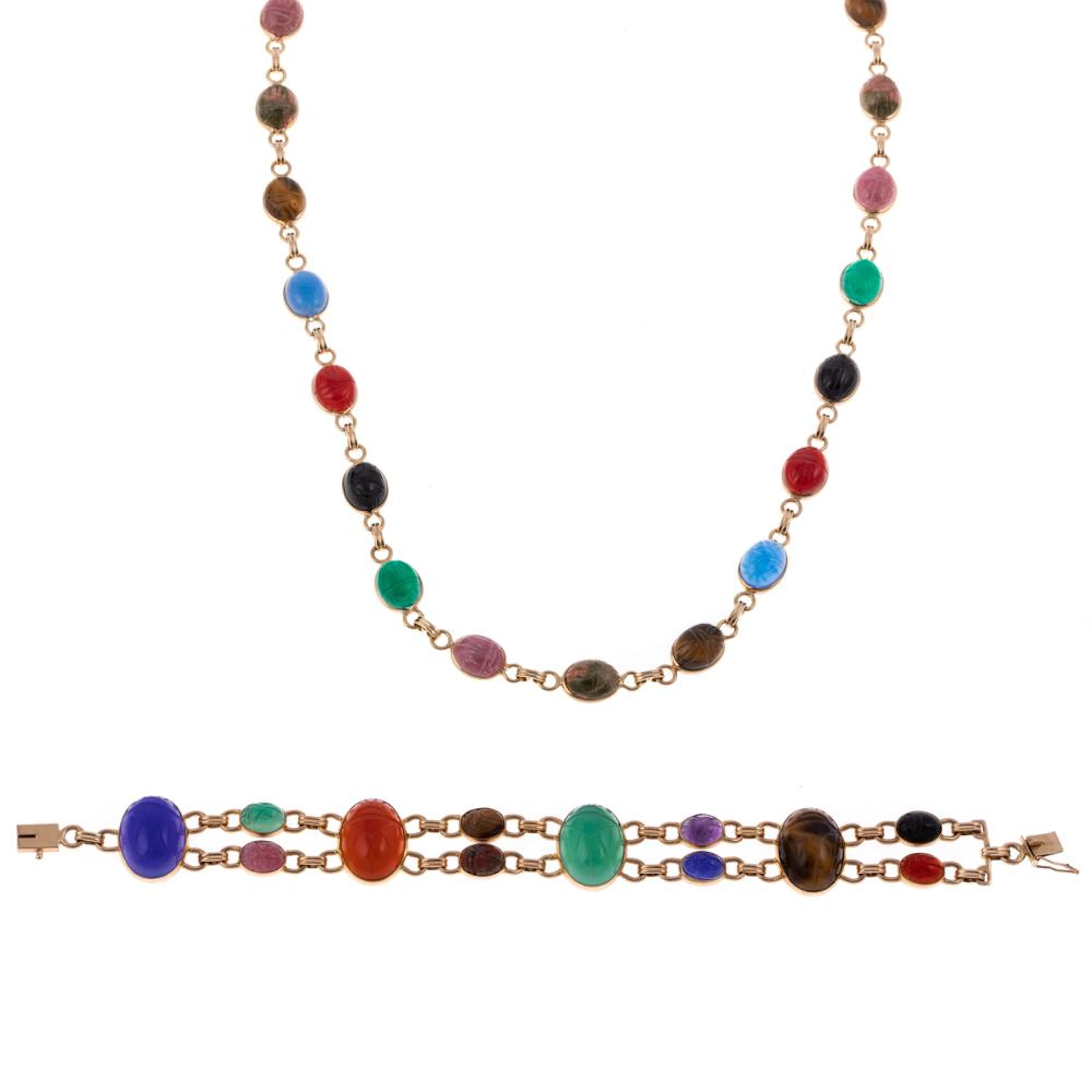A Matching Scarab Necklace & Bracelet in 14K