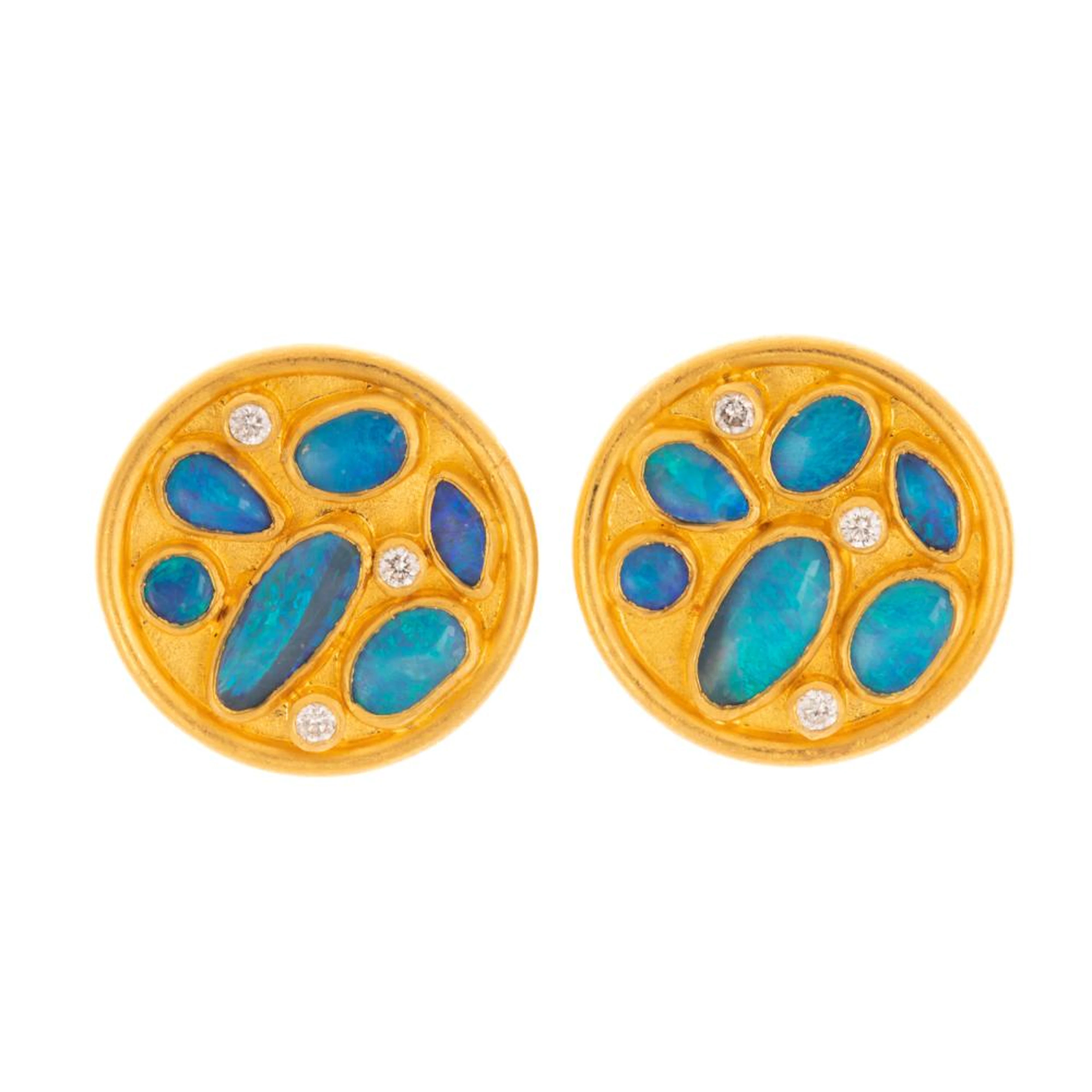 A Pair of 22K Opal & Diamond Earrings by Gurha