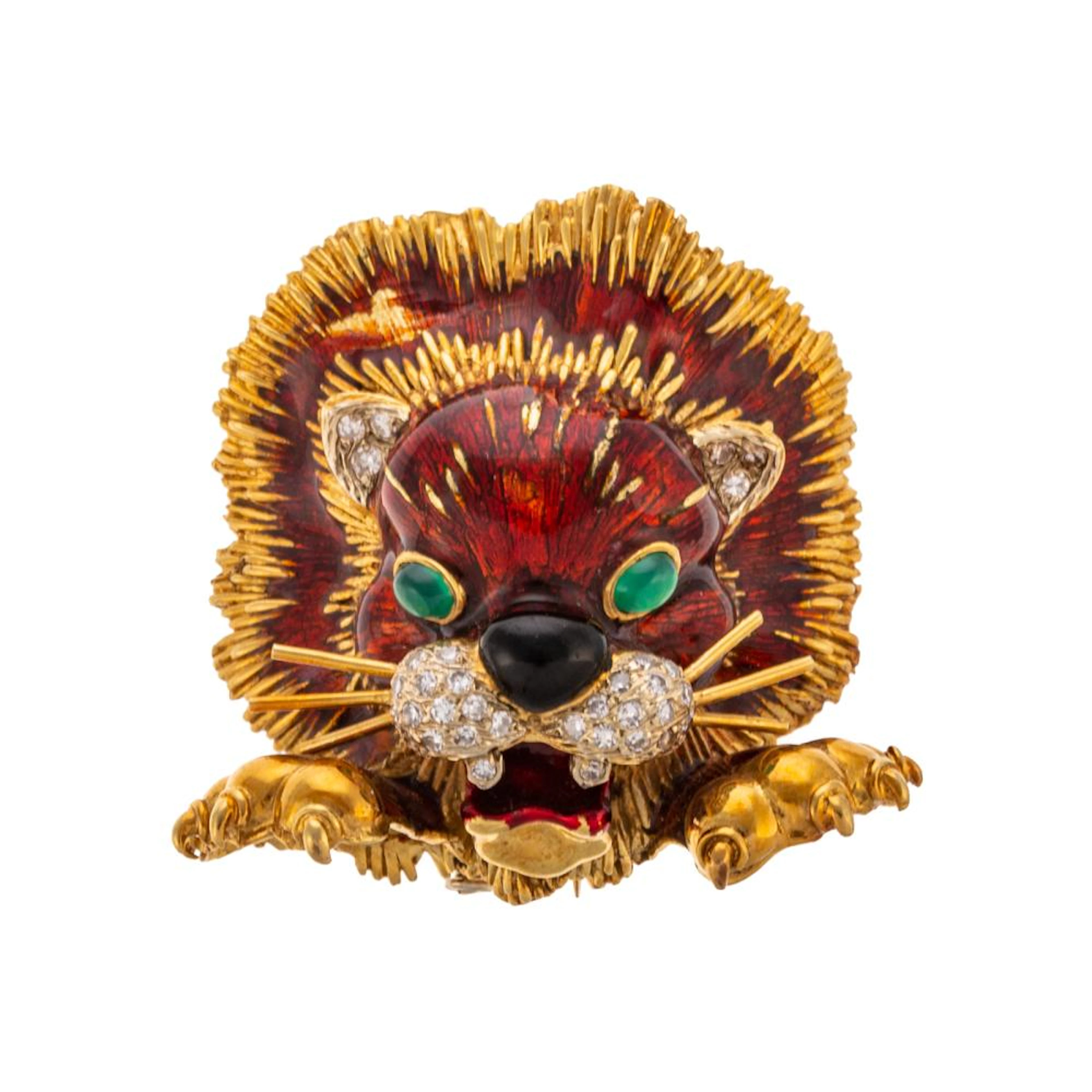 An Enamel & Gemstone Lion Pin in 18K by Frascarolo