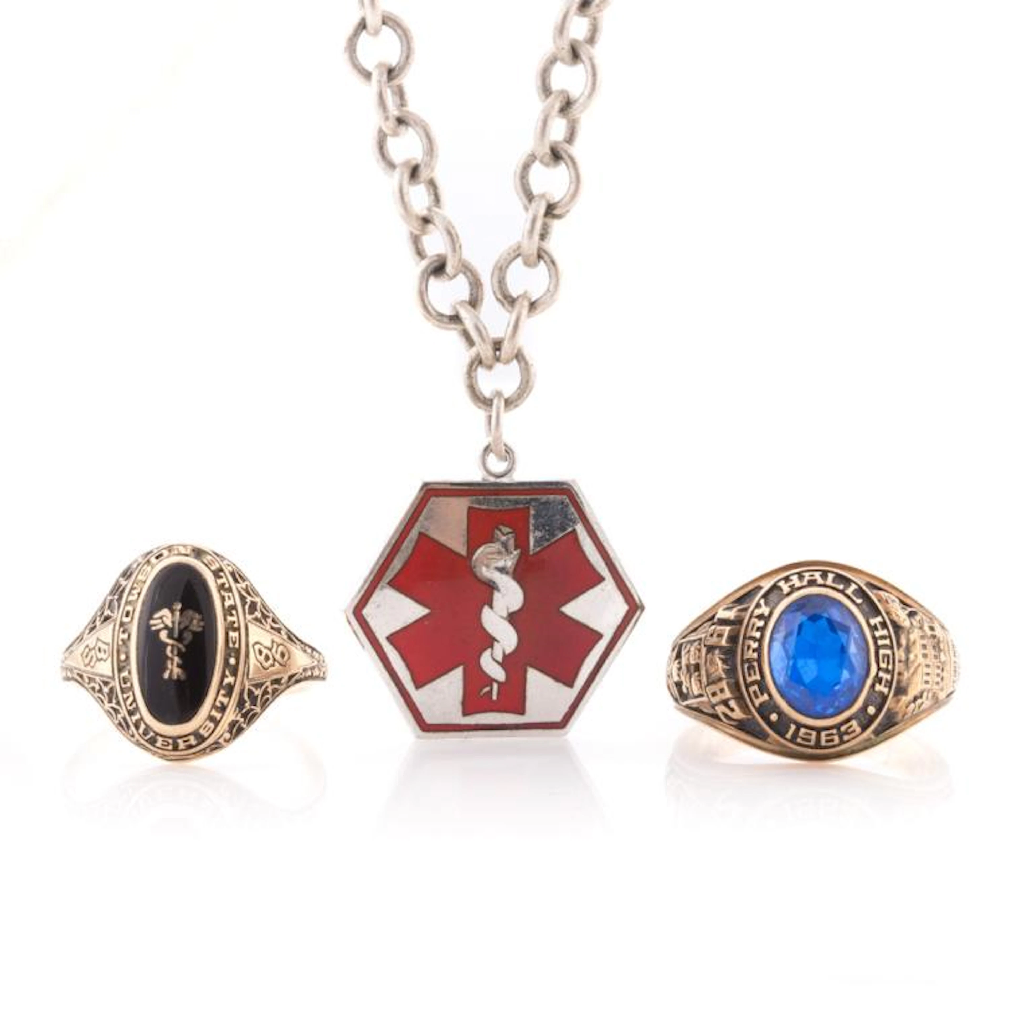 A Pair of Gold School Rings & Bracelet