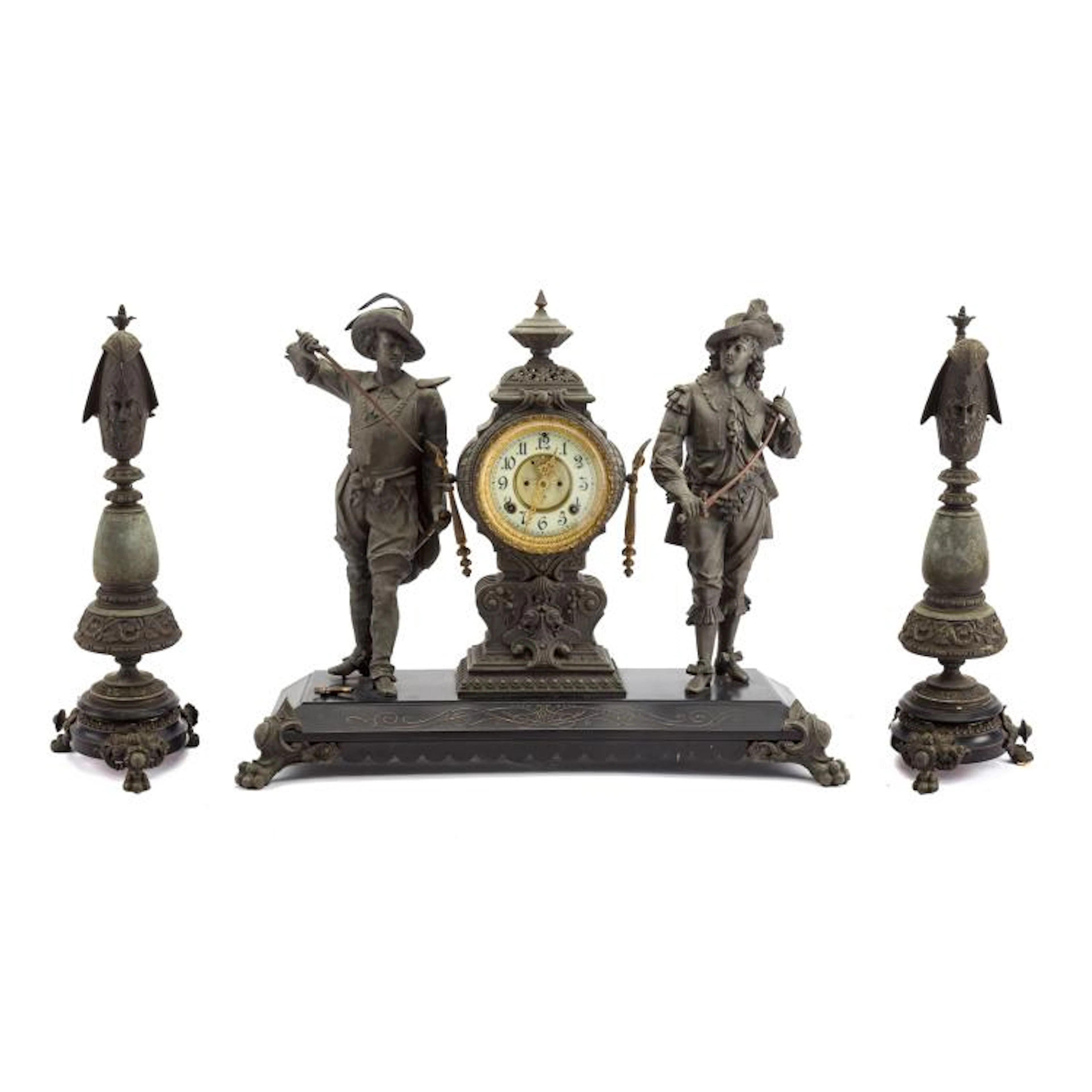 Ansonia spelter and slate Cavalier clock garniture