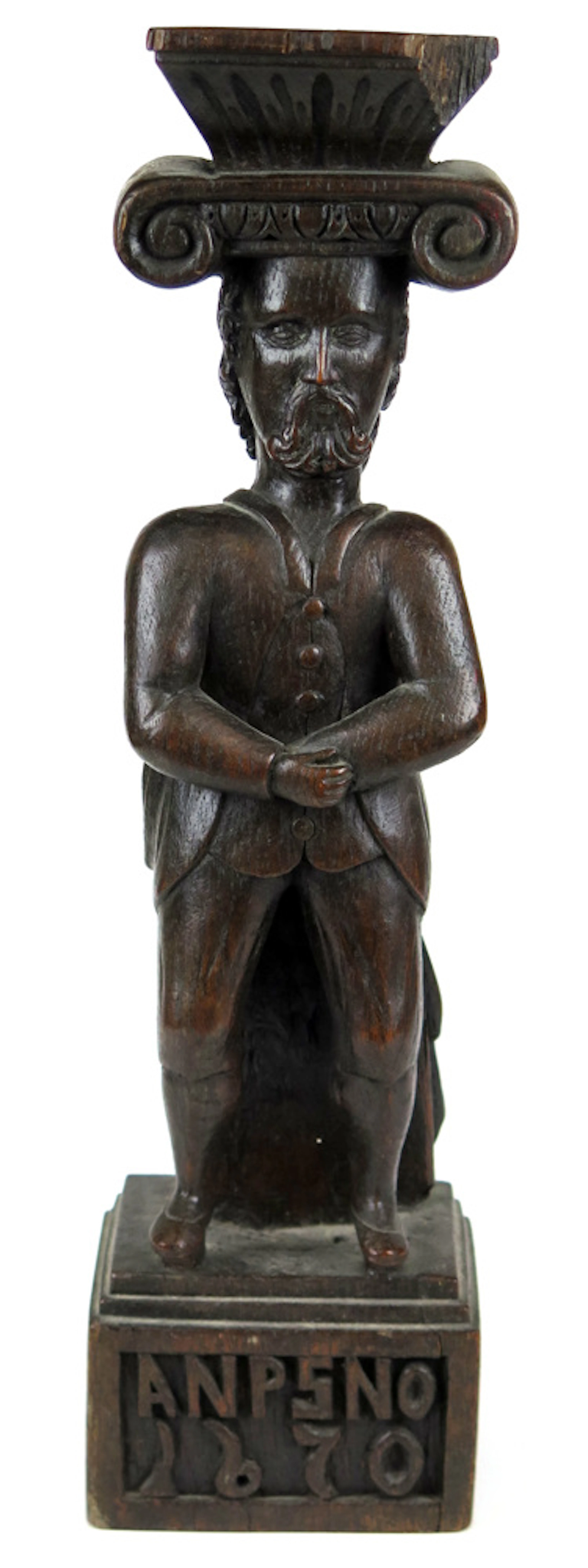 Skulptur, skuren ek, barock, 1600-talets 2 hälft, dekor av stående man,