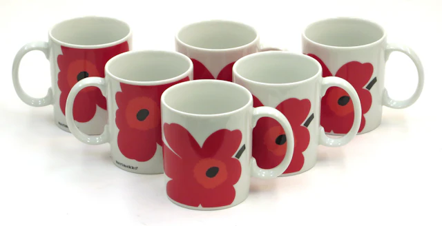 Iisola, Maija för Marimekko, efter henne, muggar, 6 st porslin, Unikko,