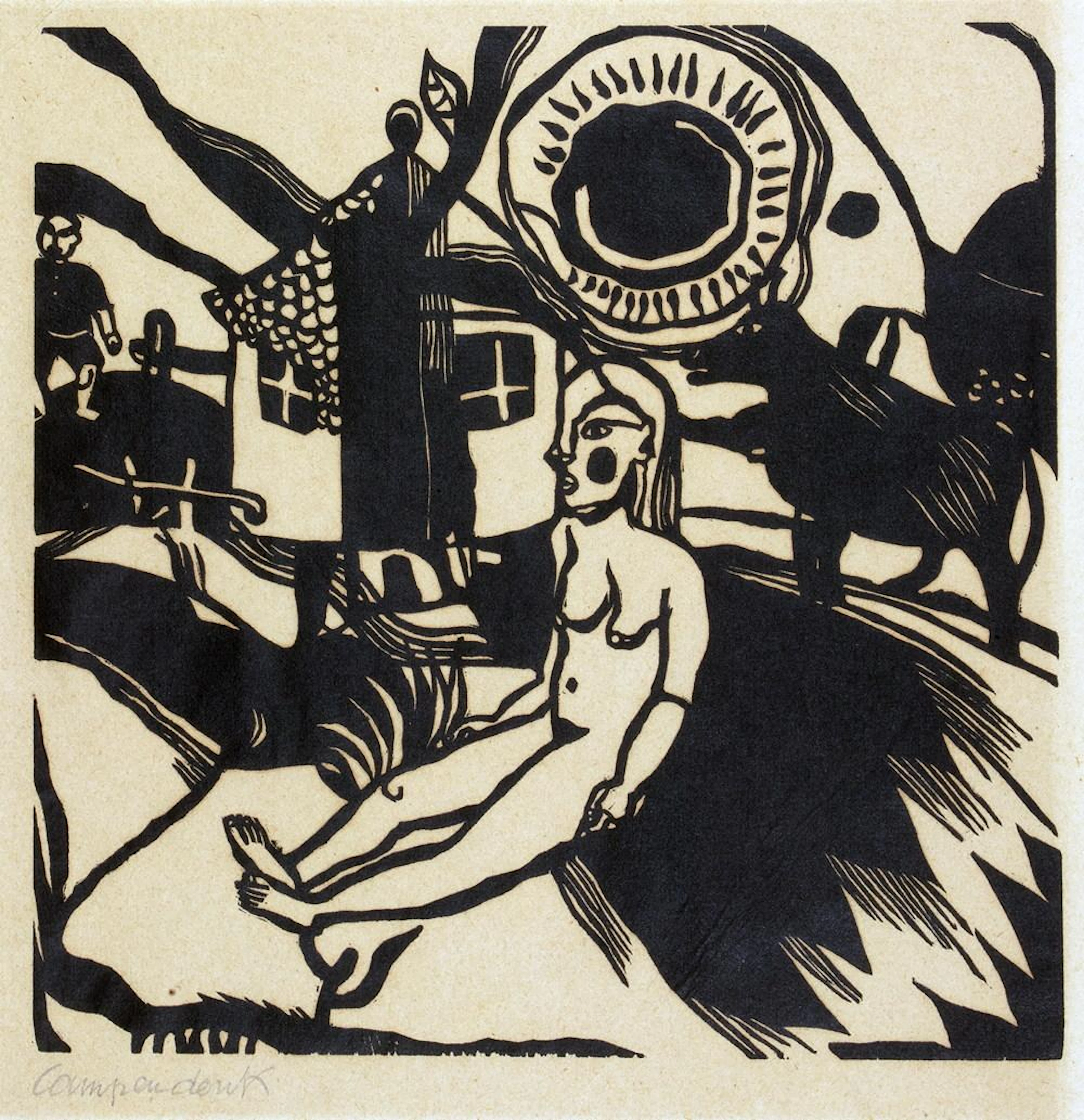 Heinrich Campendonk. Sitzender weiblicher Akt in Landschaft mit Bauernhaus.