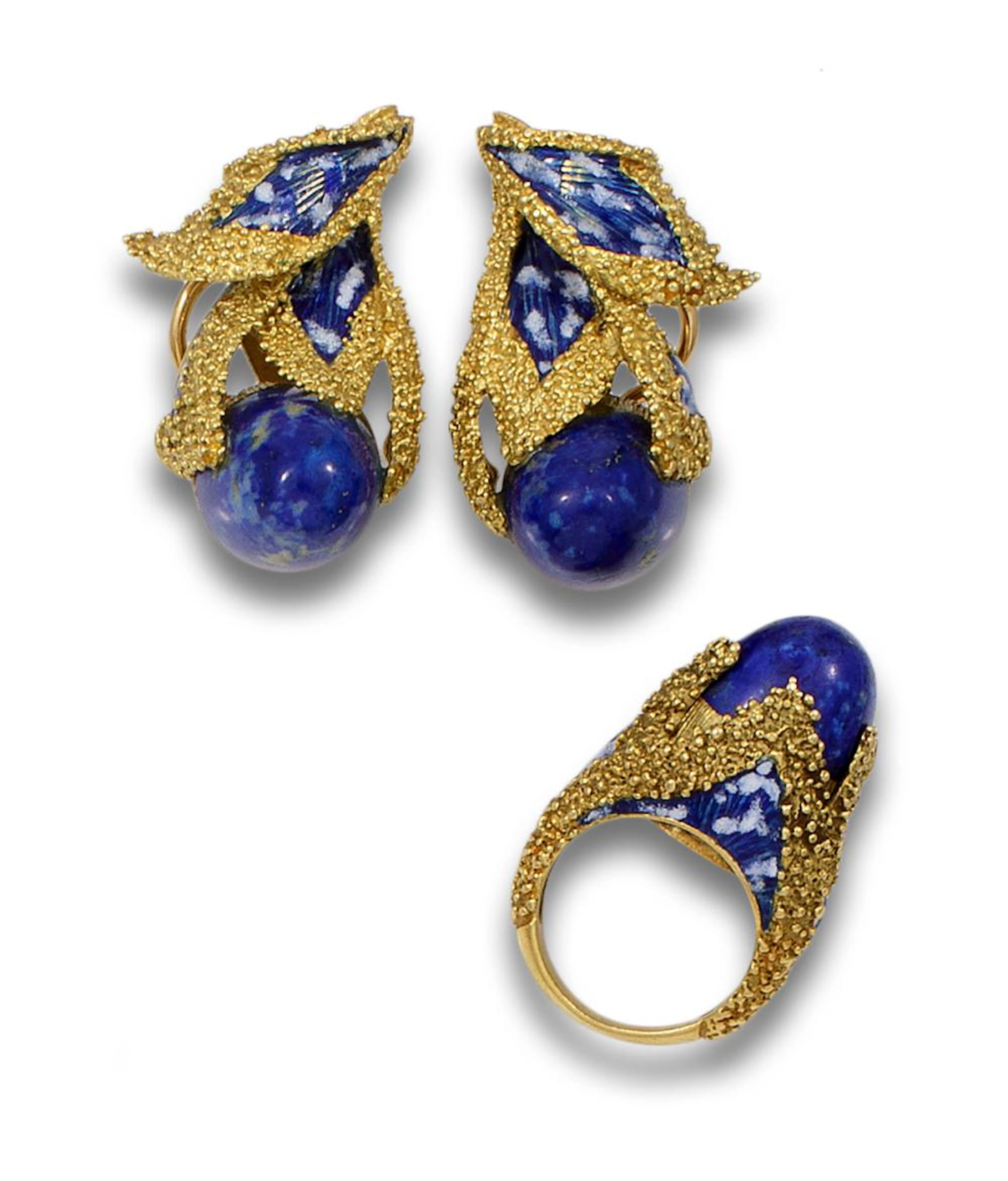 70'S RING AND EARRINGS SET IN GOLD, SODALITE AND ENAMEL