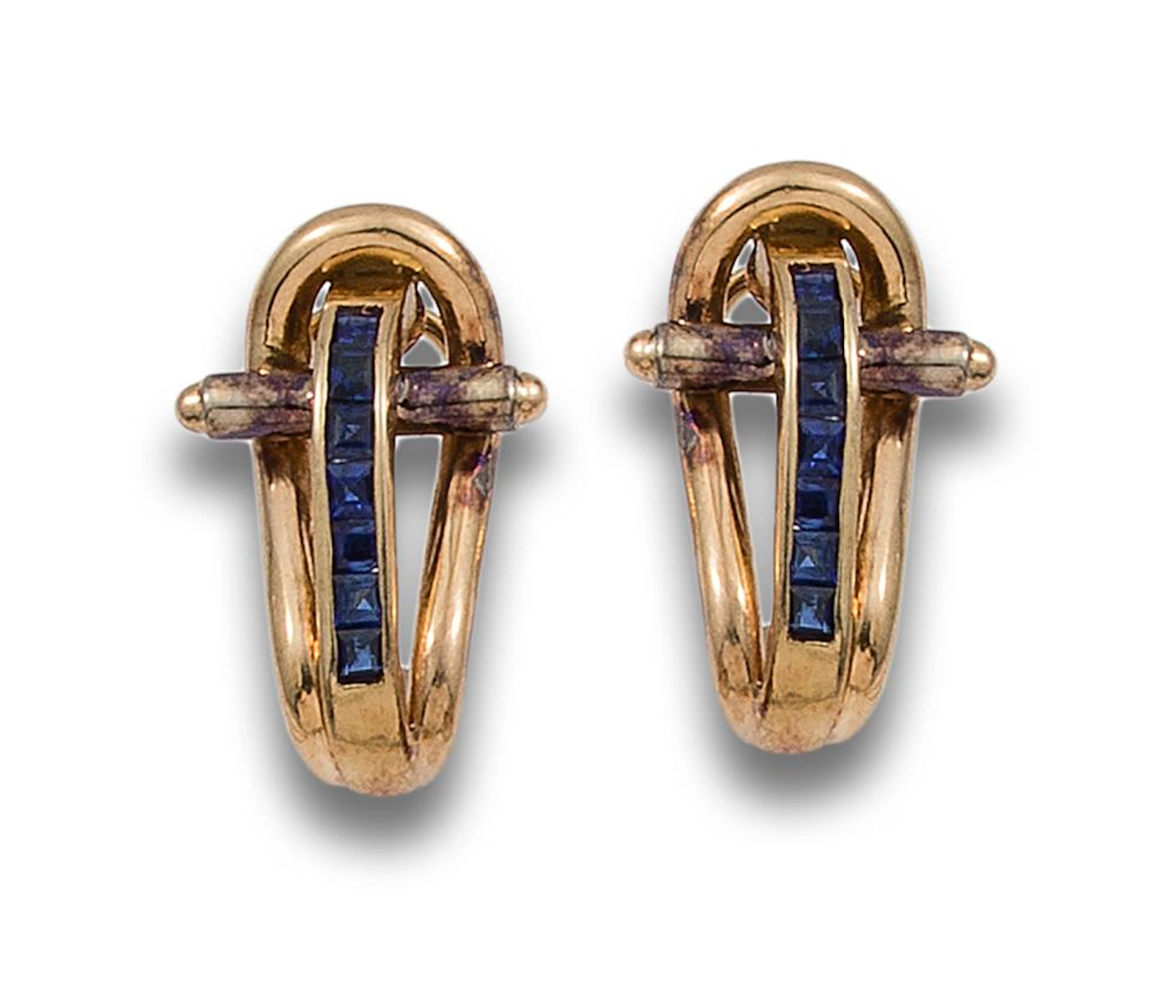 EARRINGS, 80'S, YELLOW GOLD AND SYNTHETIC SAPPHIRES