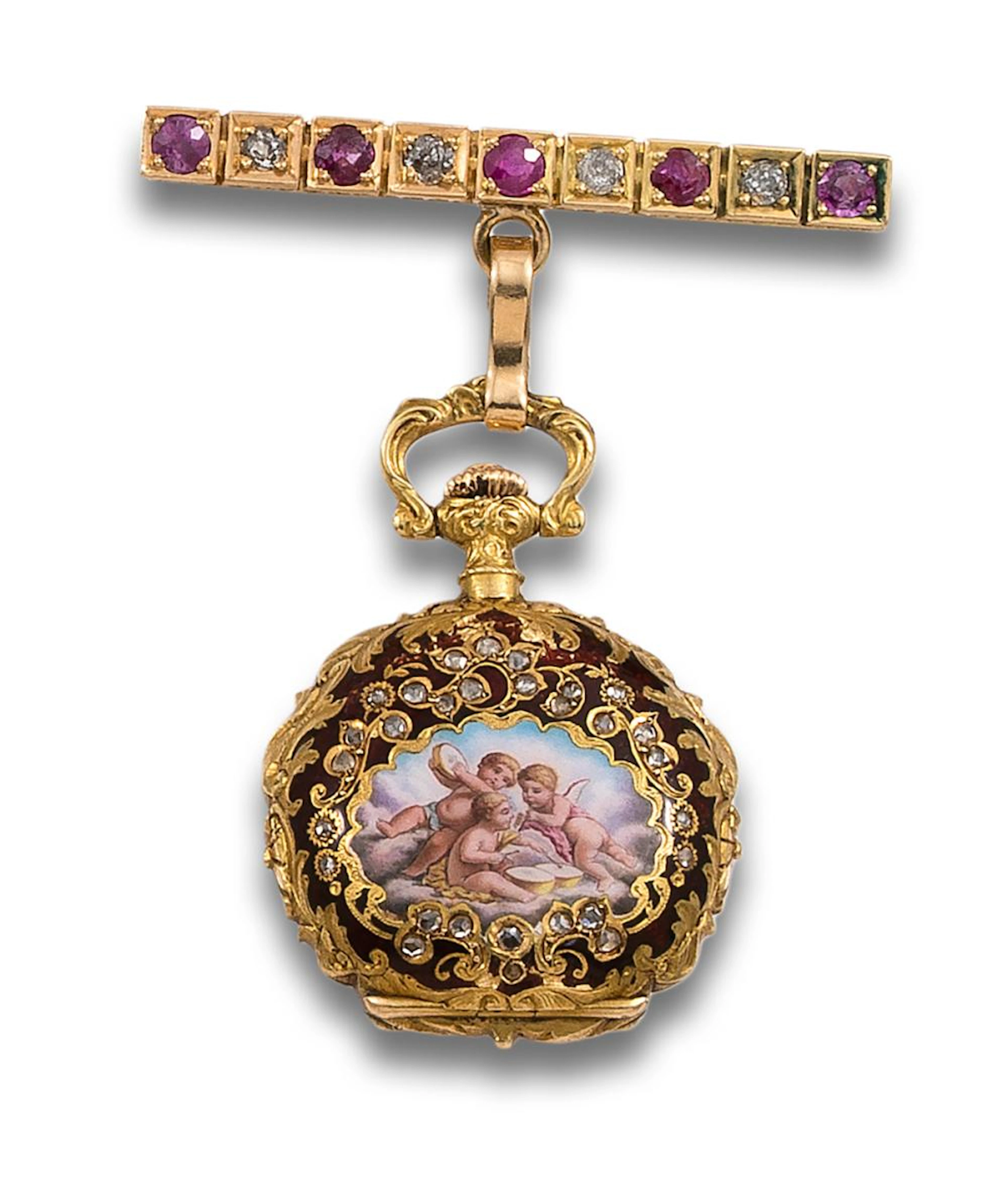 PIN BROOCH WITH SABONETA POCKET WATCH IN ENAMEL, DIAMONDS AND YELLOW GOLD