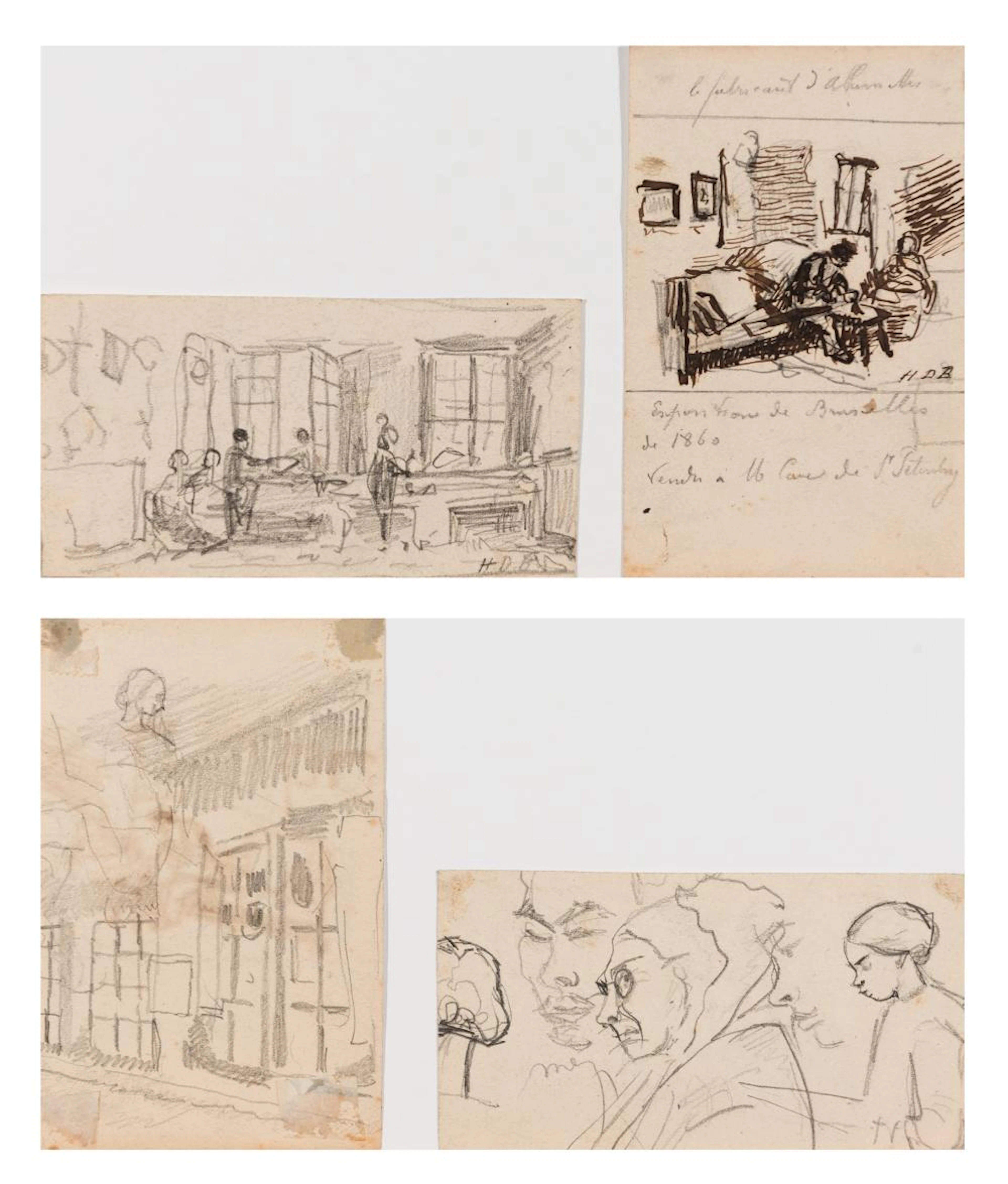 Henri De Braekeleer - Two sketch sheets - Double-sided