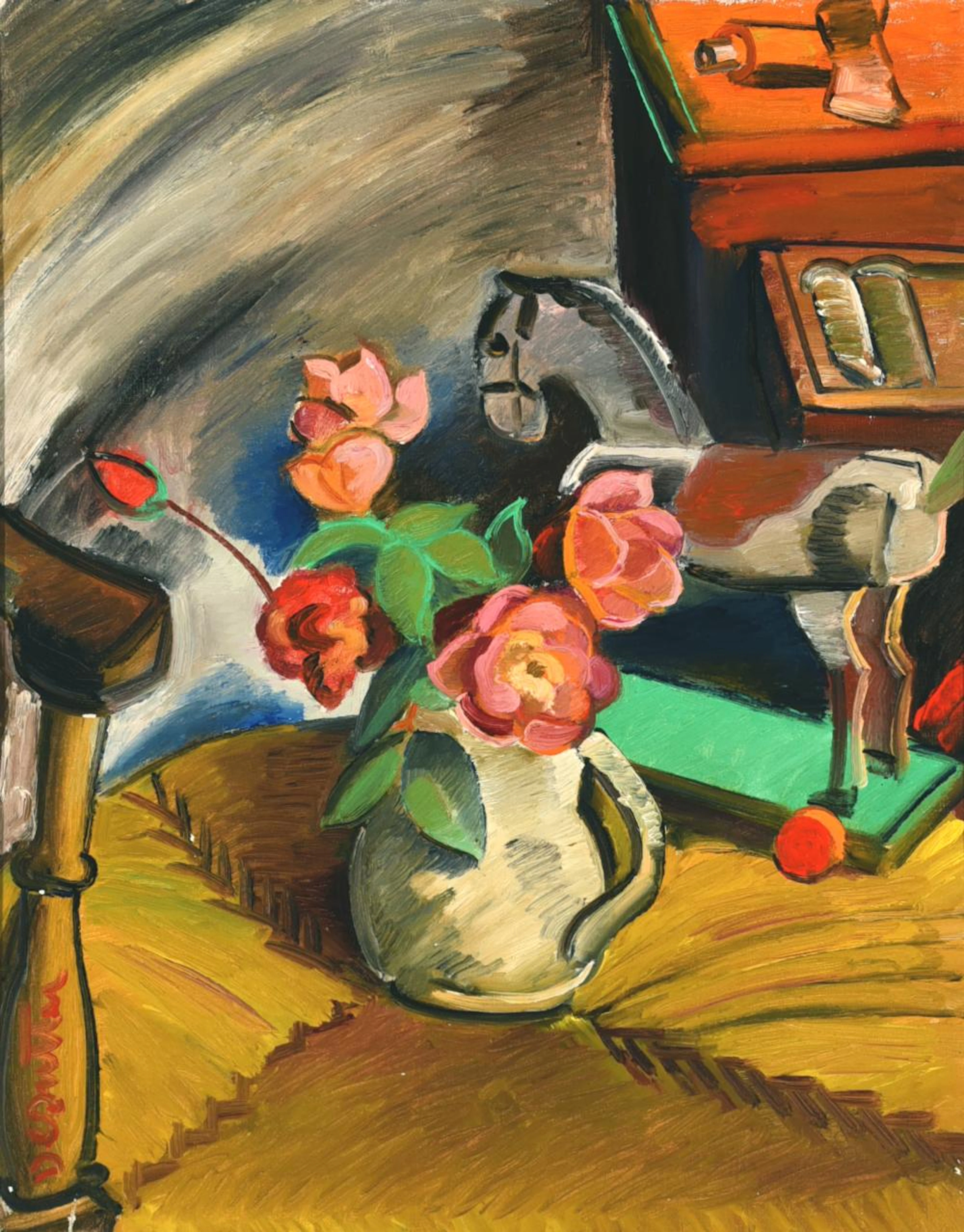 Jules De Sutter - Still life with flowers and wooden horse