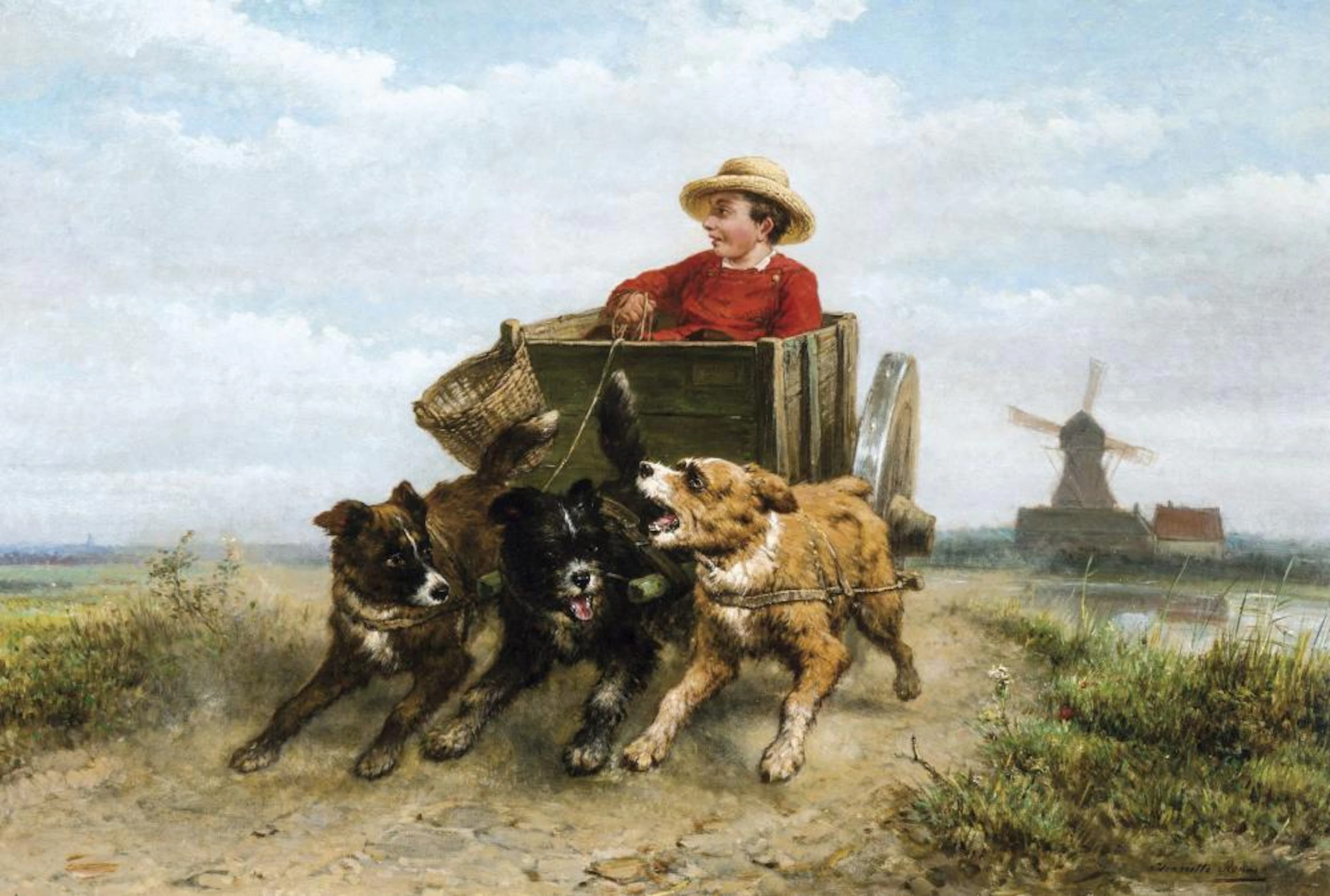 Ronner-Knip Henriette - Little boy in a dog cart on a moor path