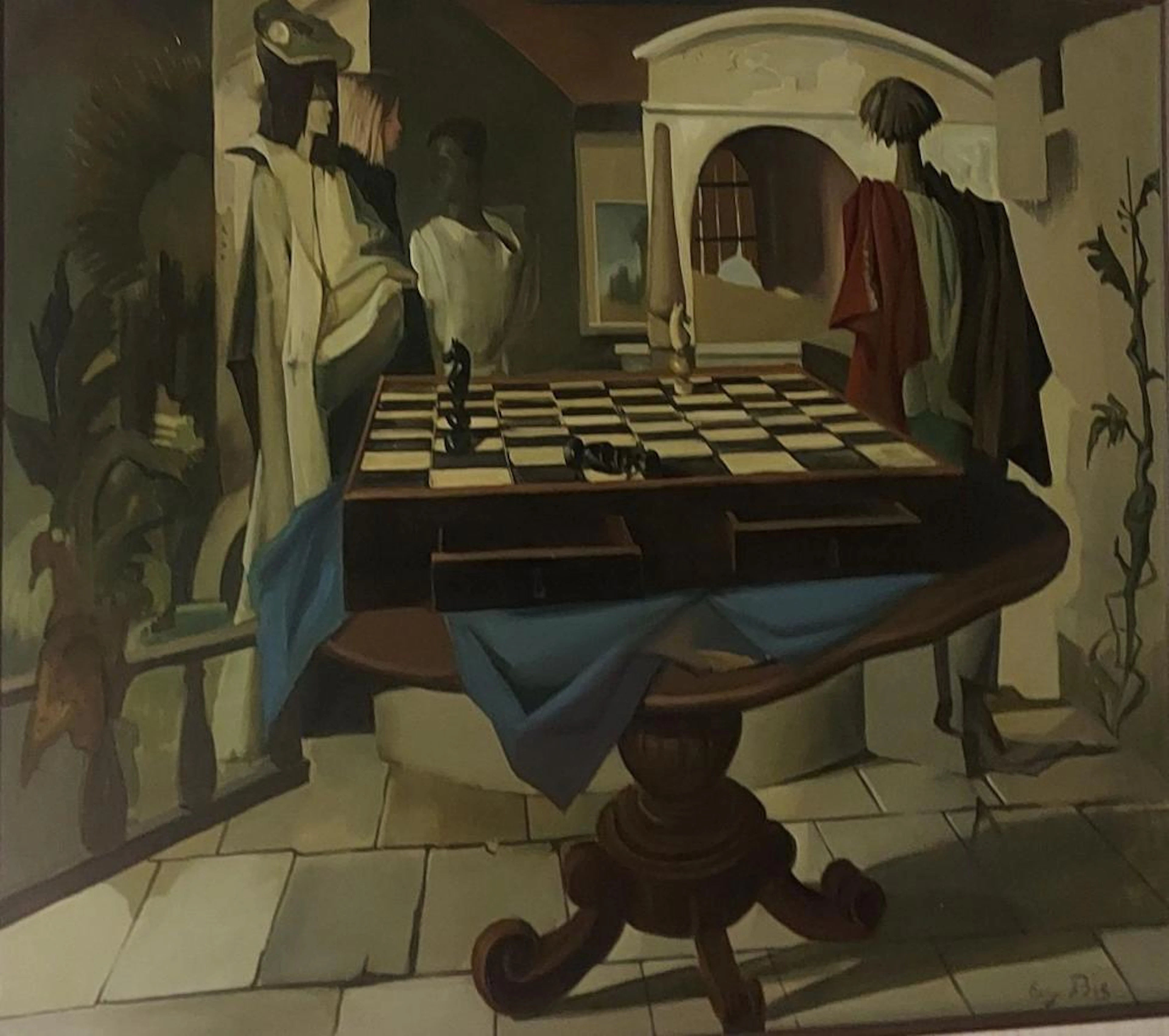 Eugène DE BIE (1914-1983), "Les échecs", huile sur toile