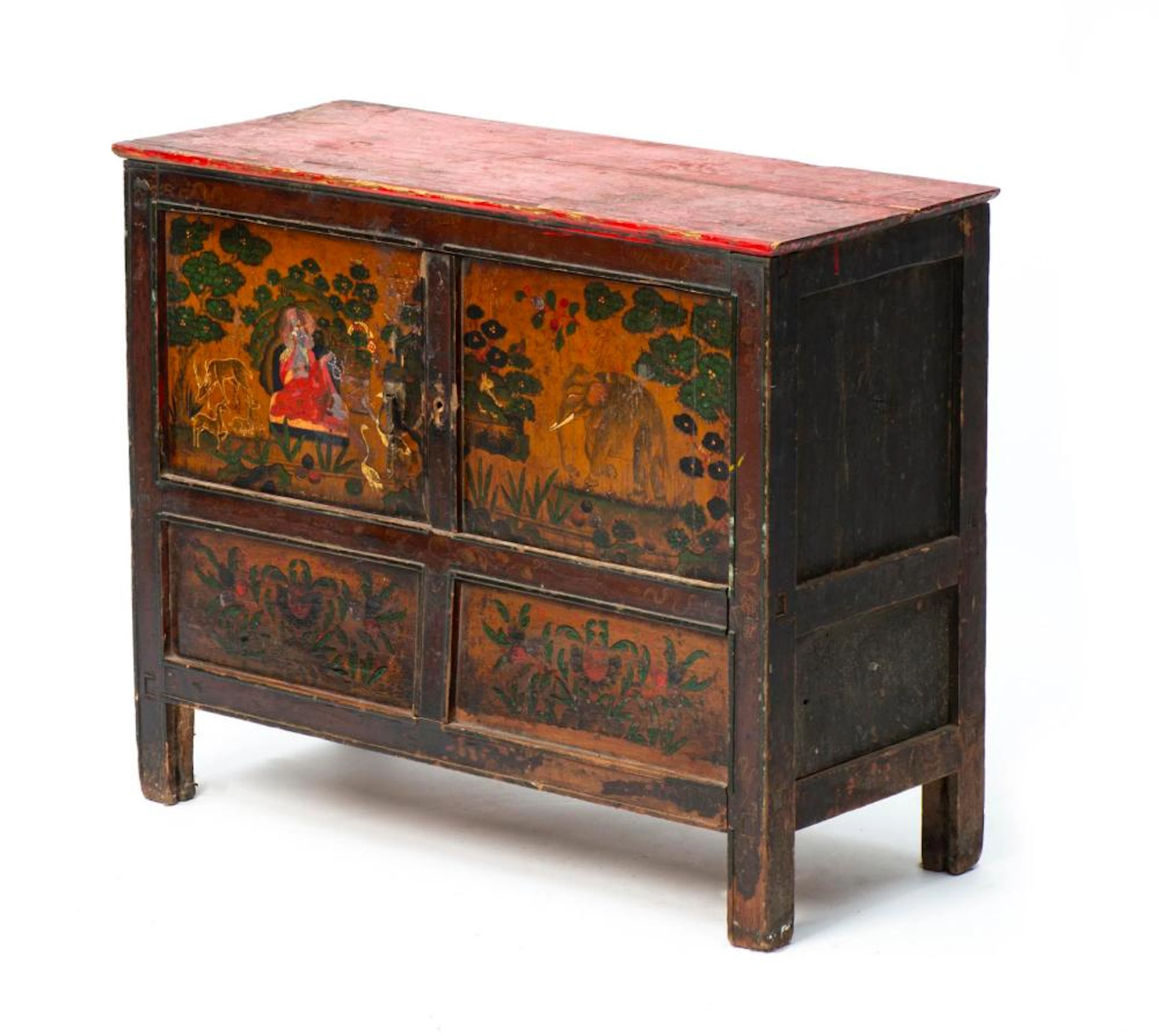 TIBET-NEPAL - Coffre en bois polychrome