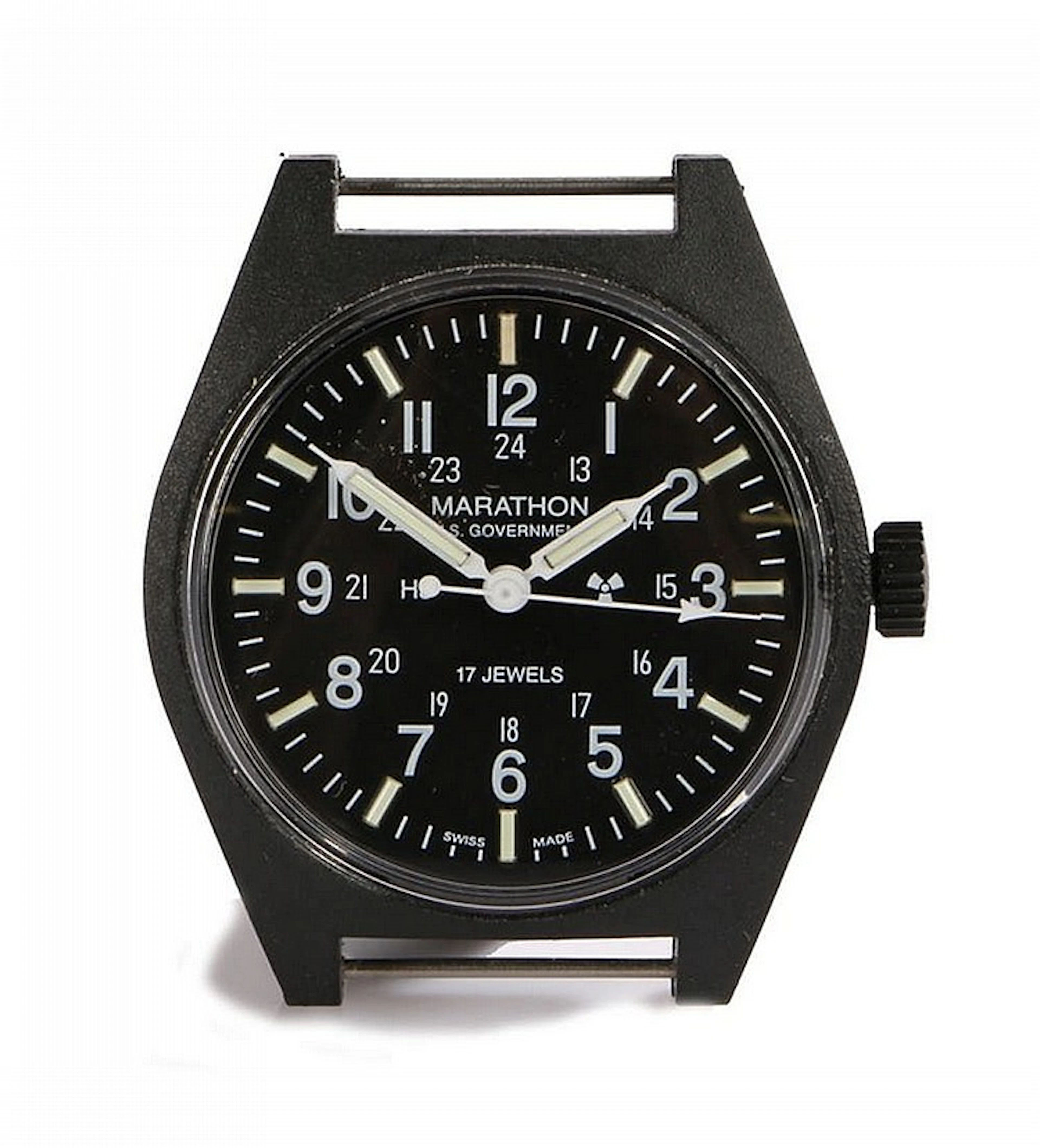 Marathon U.S. Government watch, the signed black dial with Arabic numerals,