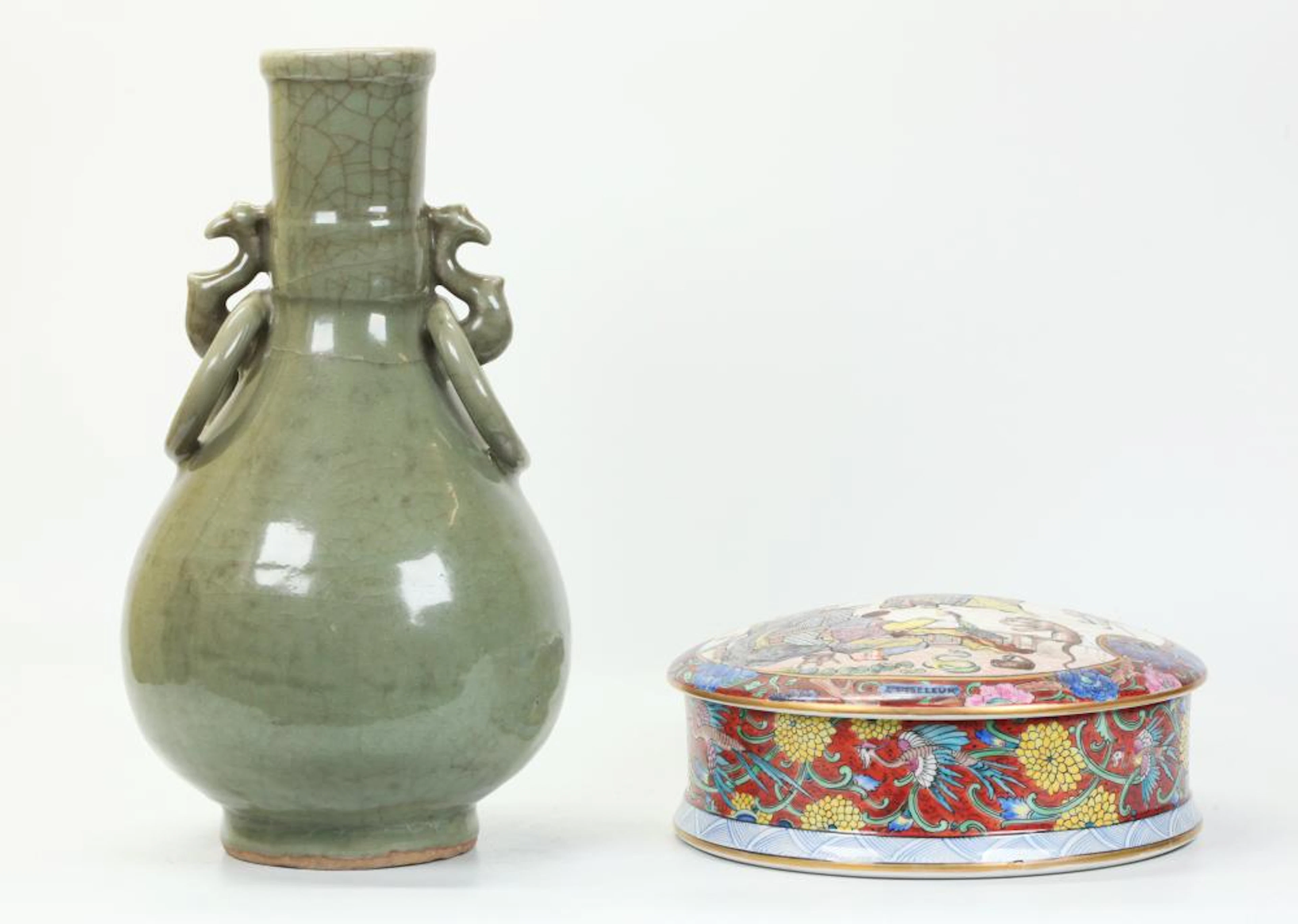 Chinese Celadon Vase; Enameled Porcelain Box