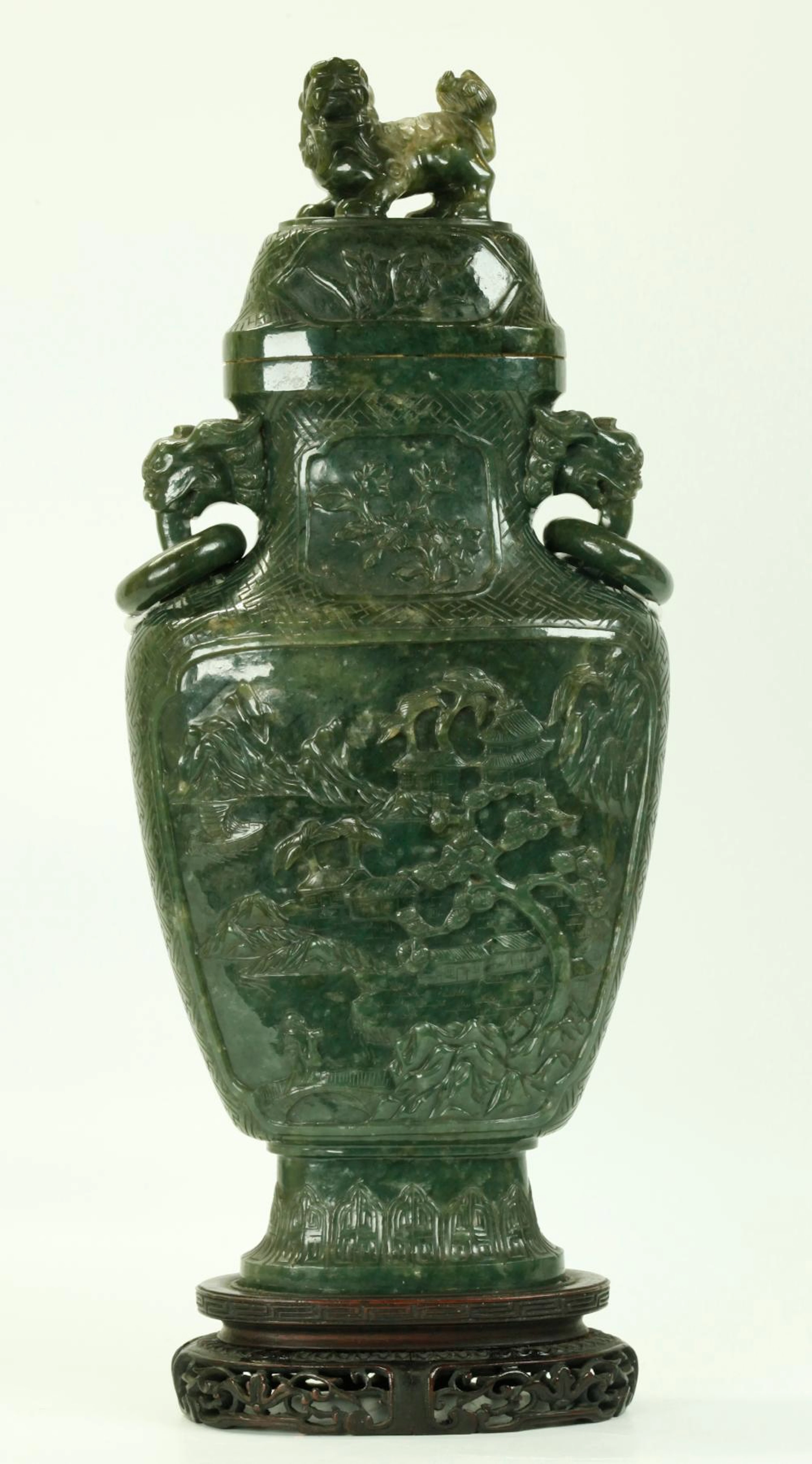 Lg Chinese 18th C Carved Green Jade Urn & Cover
