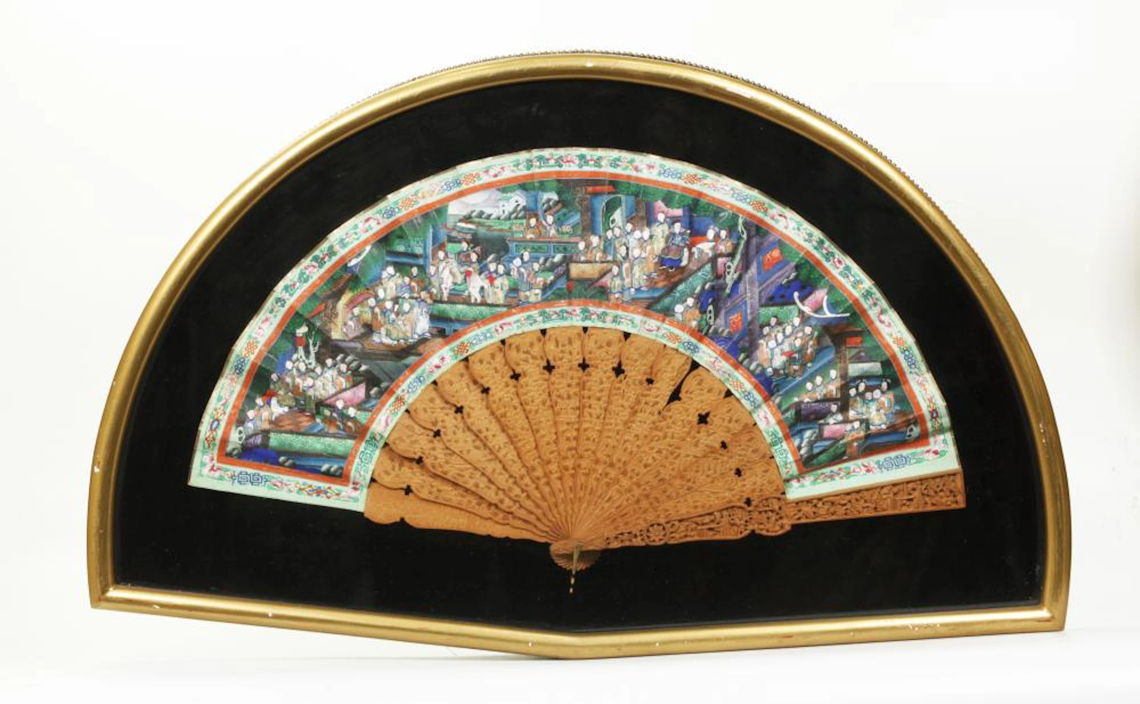 Chinese 19 C Sandalwood Fan in Frame