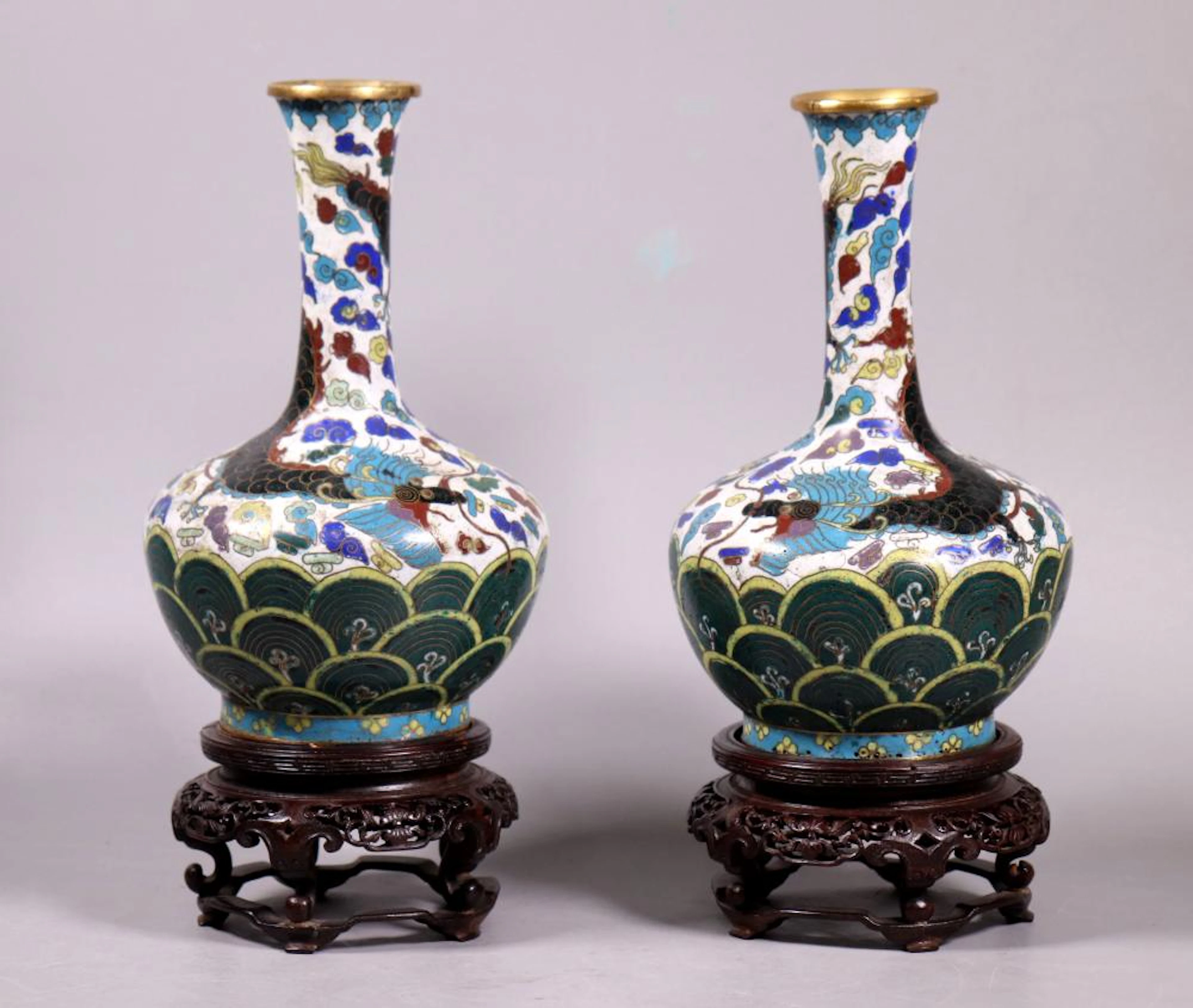 Pr Chinese 19 C Cloisonne Dragon Vases & Stands