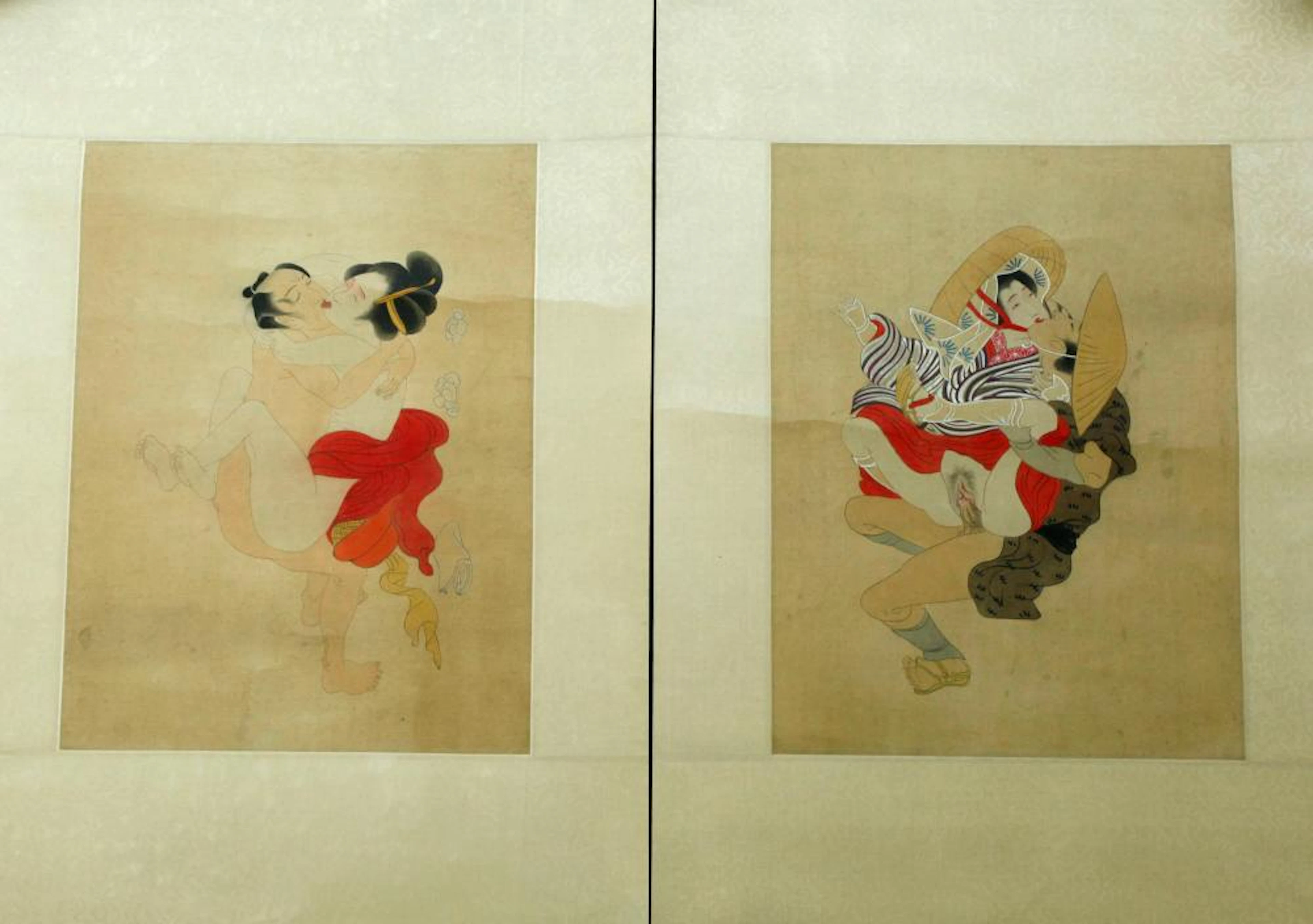 2 Japanese Shunga Erotic Paintings on Silk
