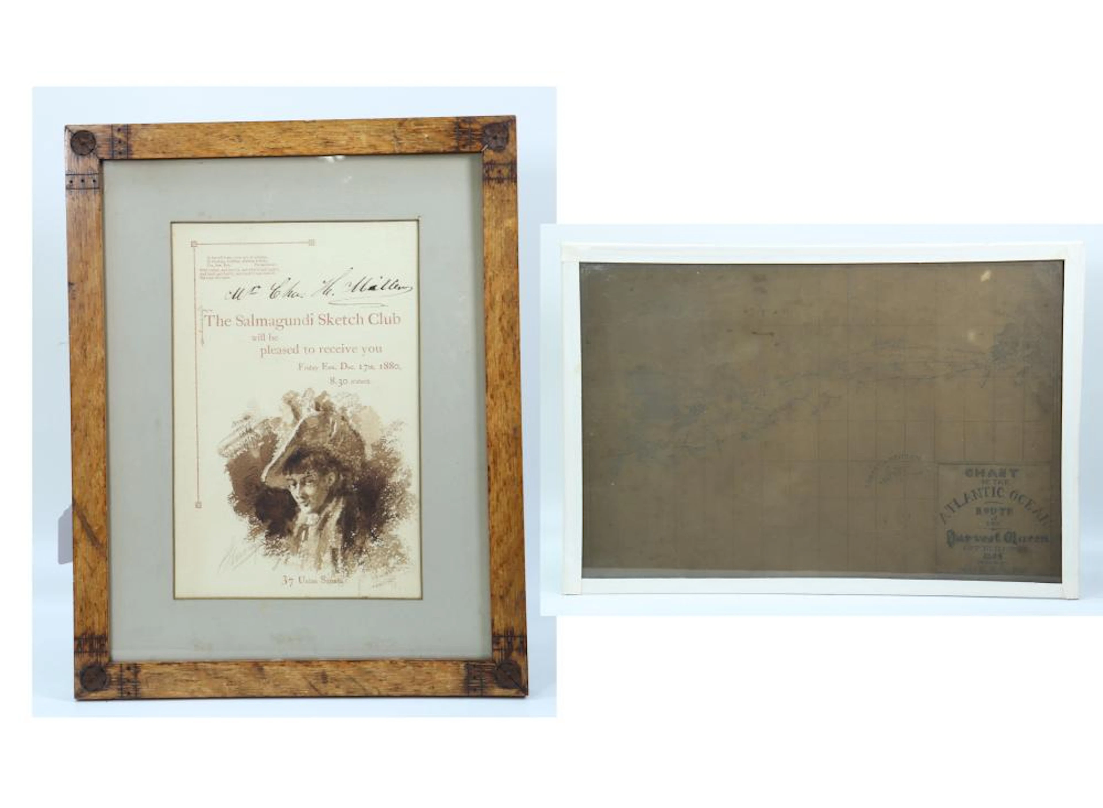 2 American Drawings Ship Route Map Salmagundi Club