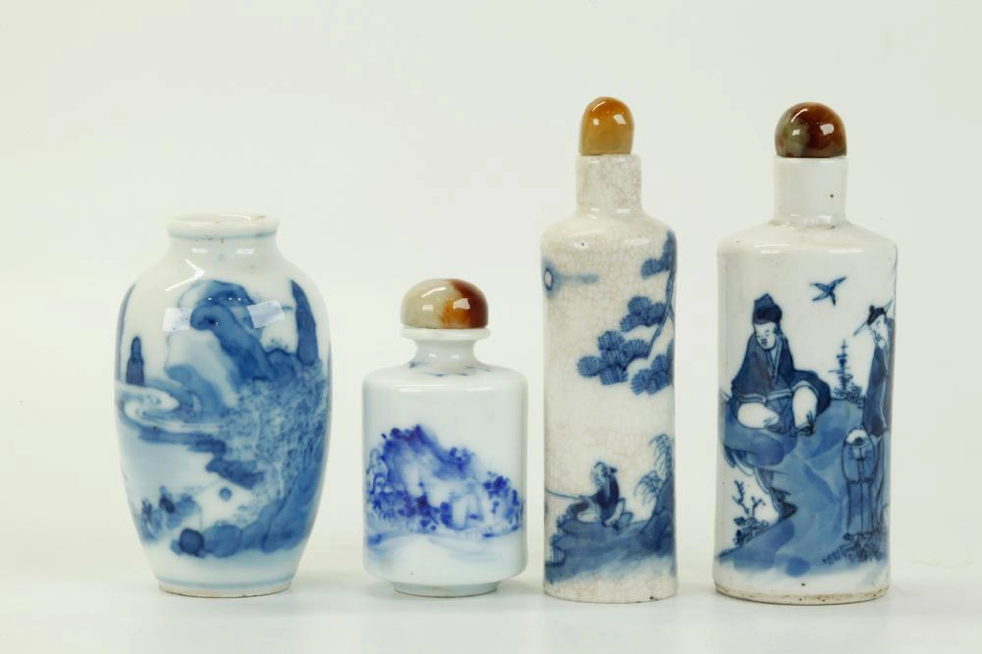 4 Chinese Qing Blue White Porcelain Snuff Bottles