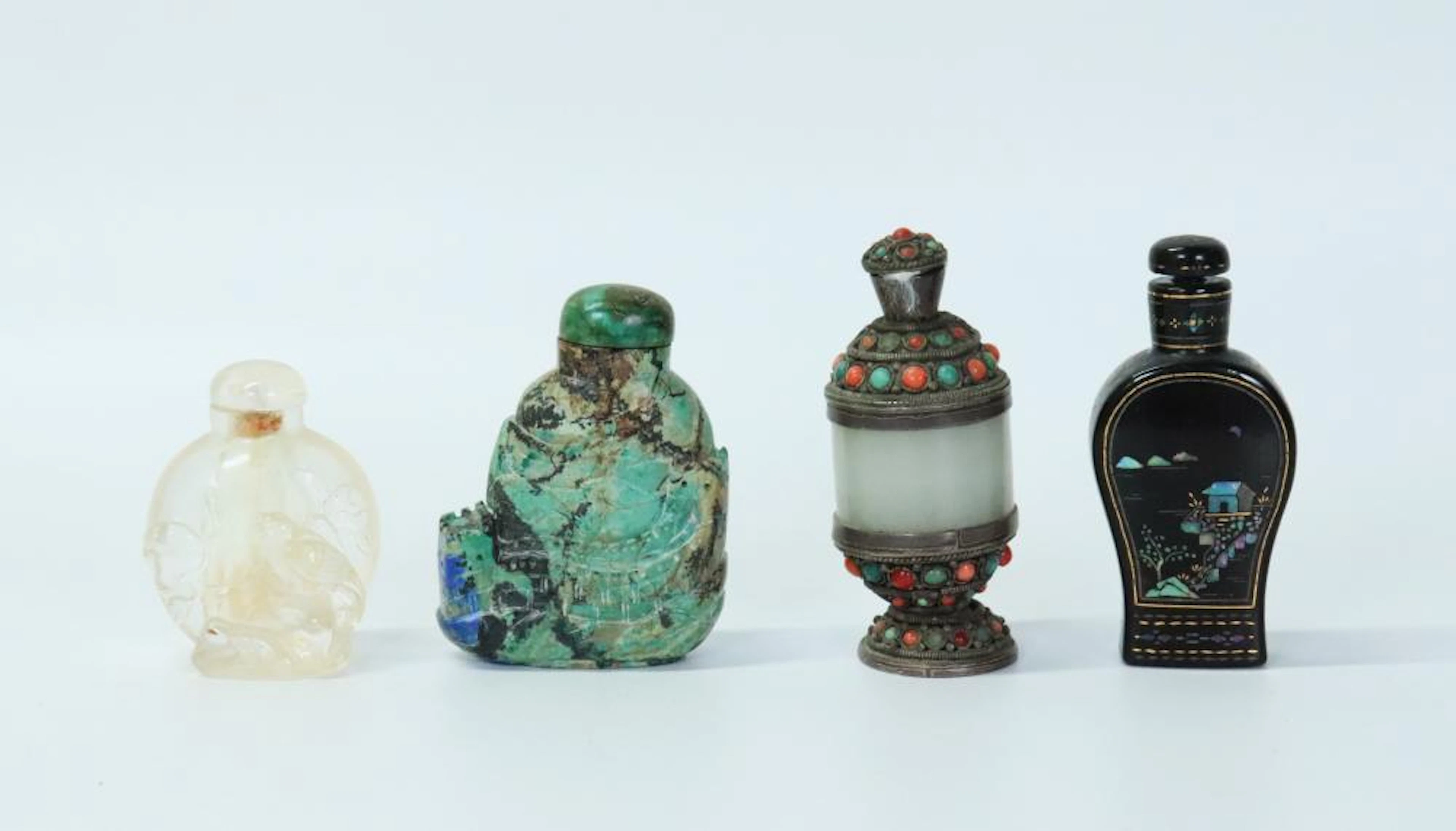 4 Chinese Snuff Bottles Lacquer Jade Quartz Etc