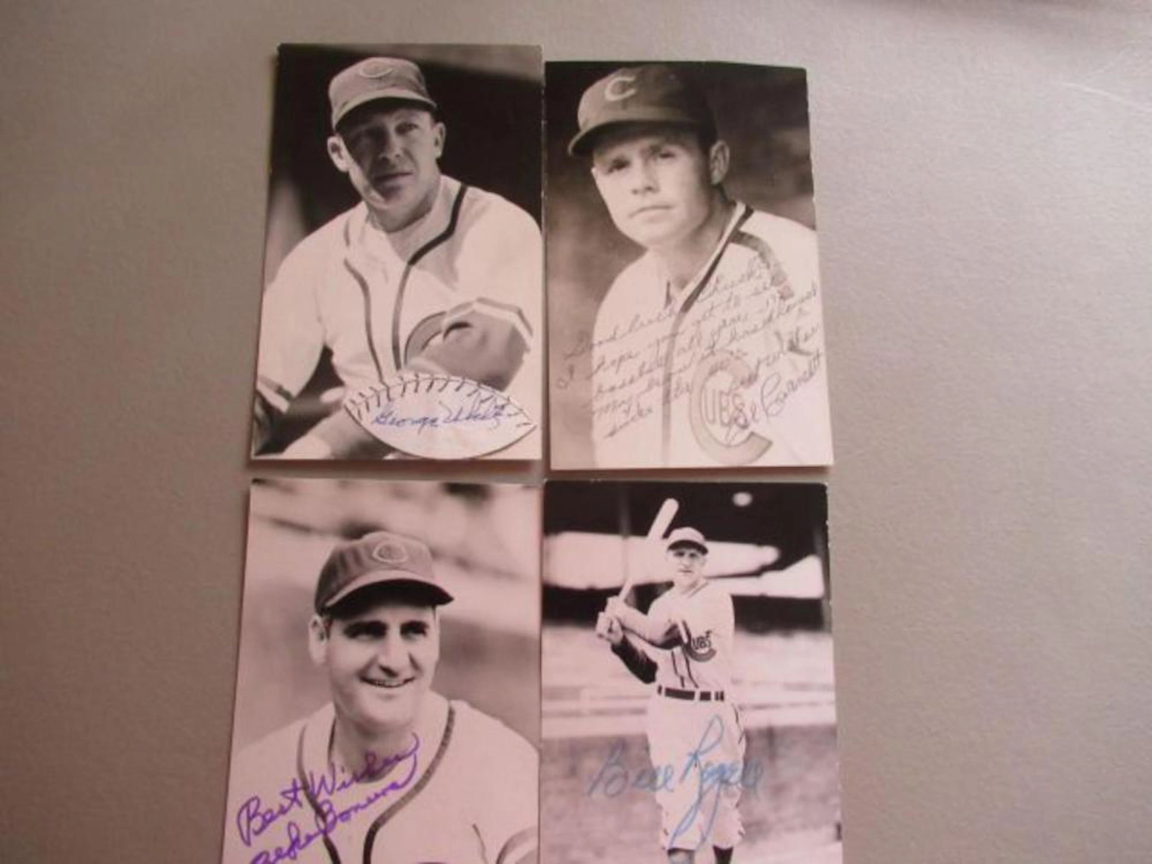 4 Signed Cubs Photos & Post Cards Bonura, Rogell