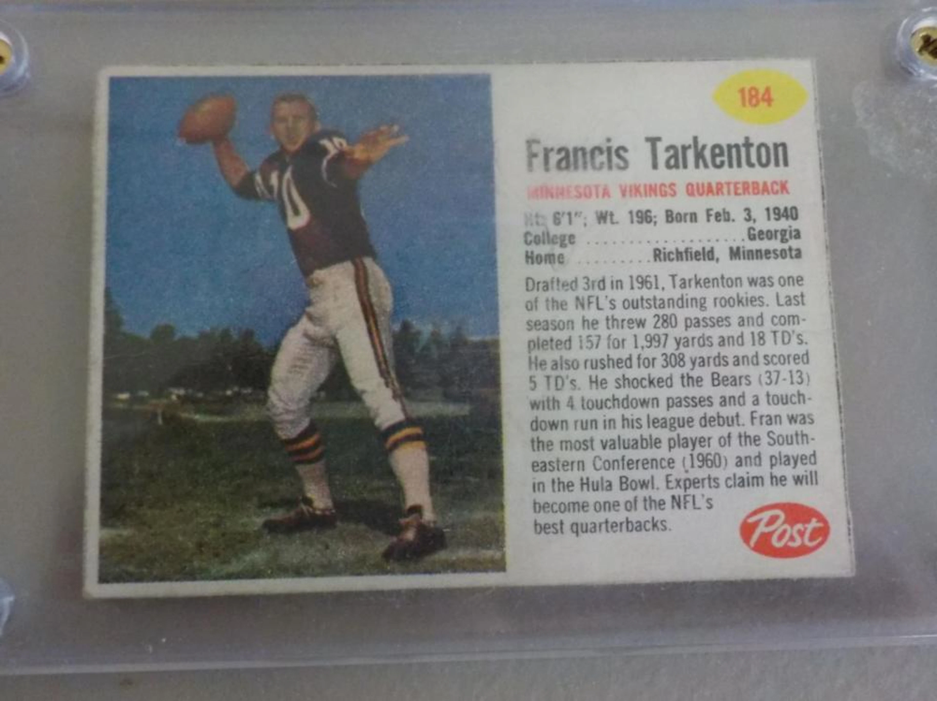 1962 Post Cereal Football Fran Tarkenton Rookie
