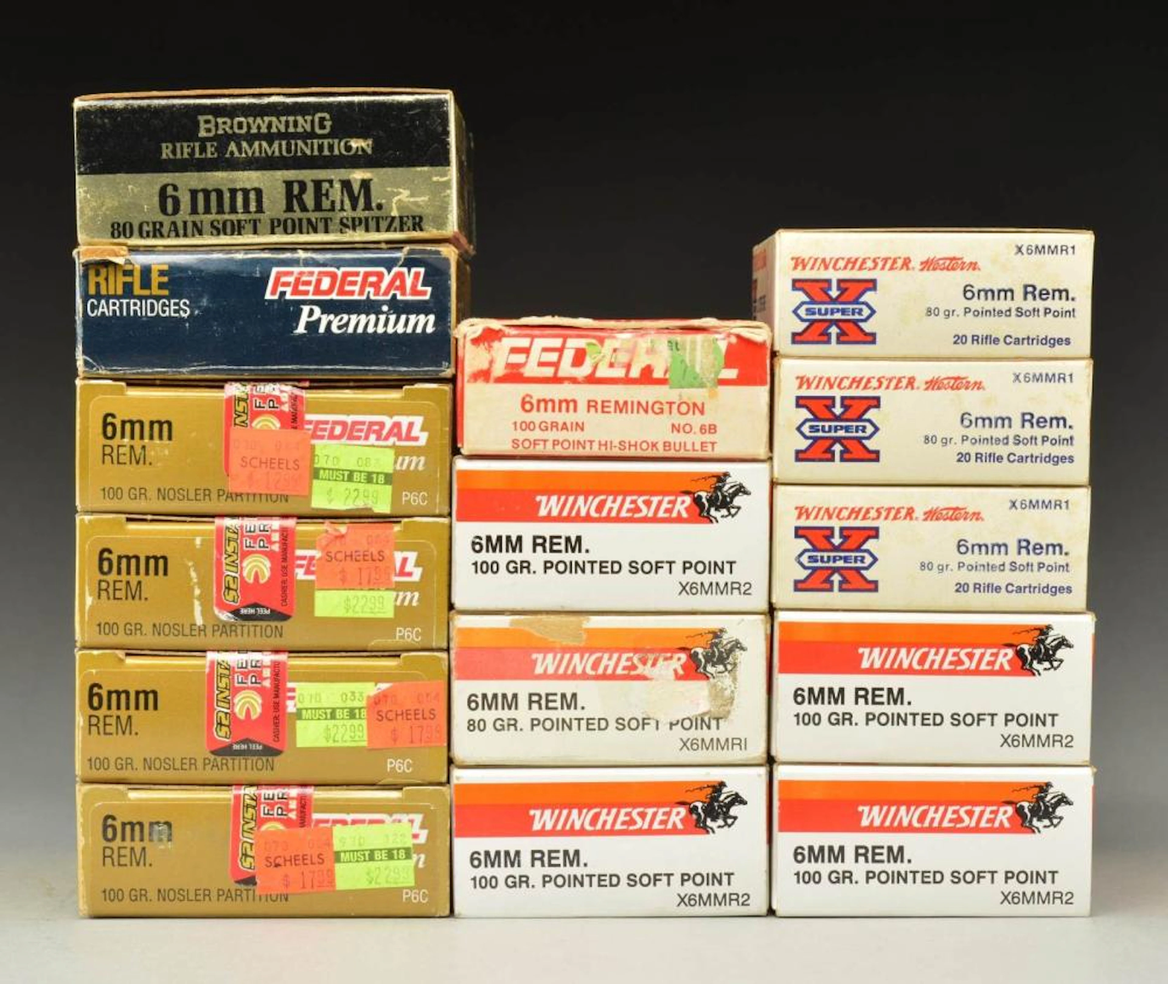 250+ RDS. (13 BOXES) OF 6MM REM AMMO.
