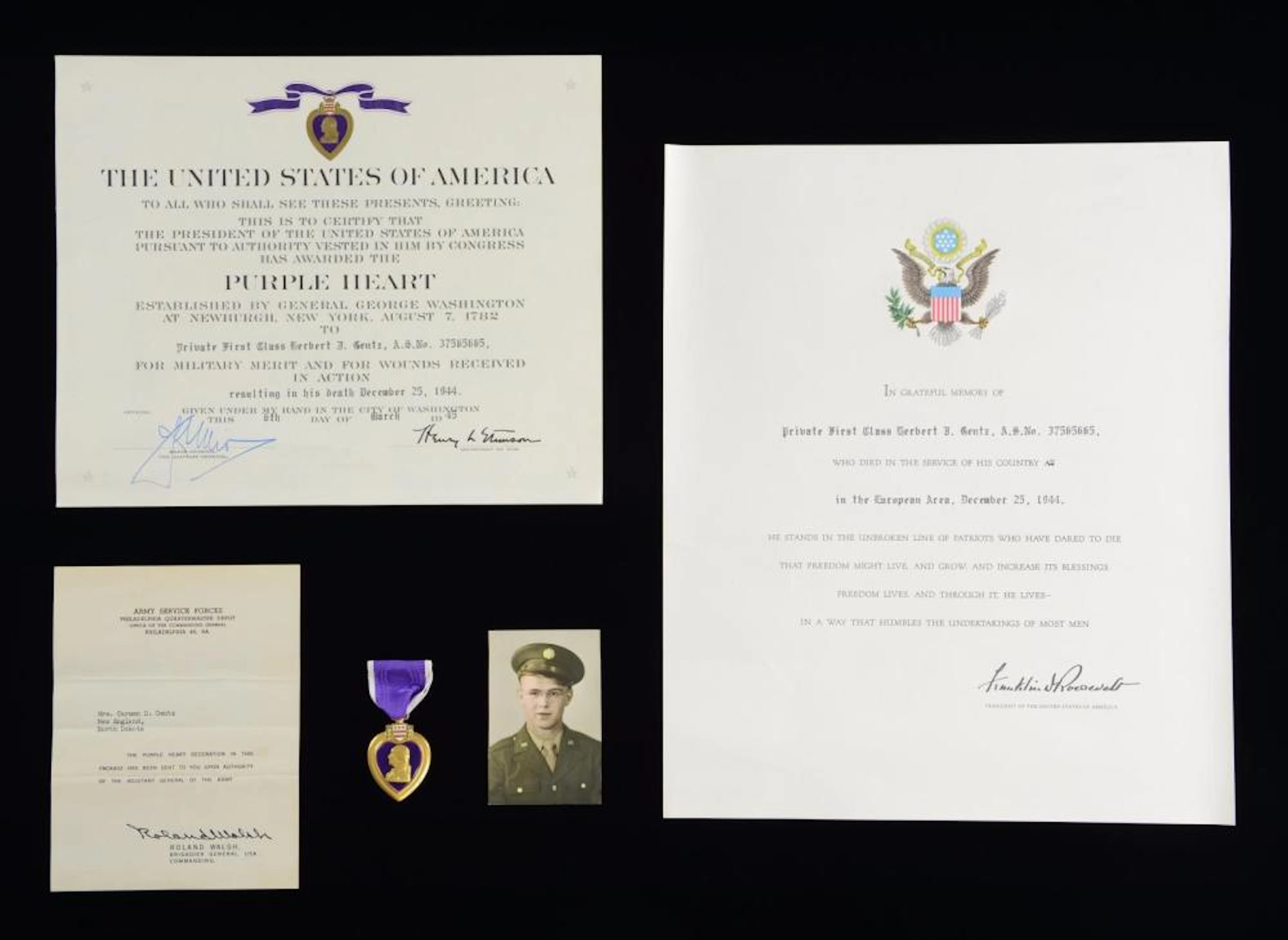 WWII US KIA GROUP BELONGING TO PFC HERBERT GENTZ.