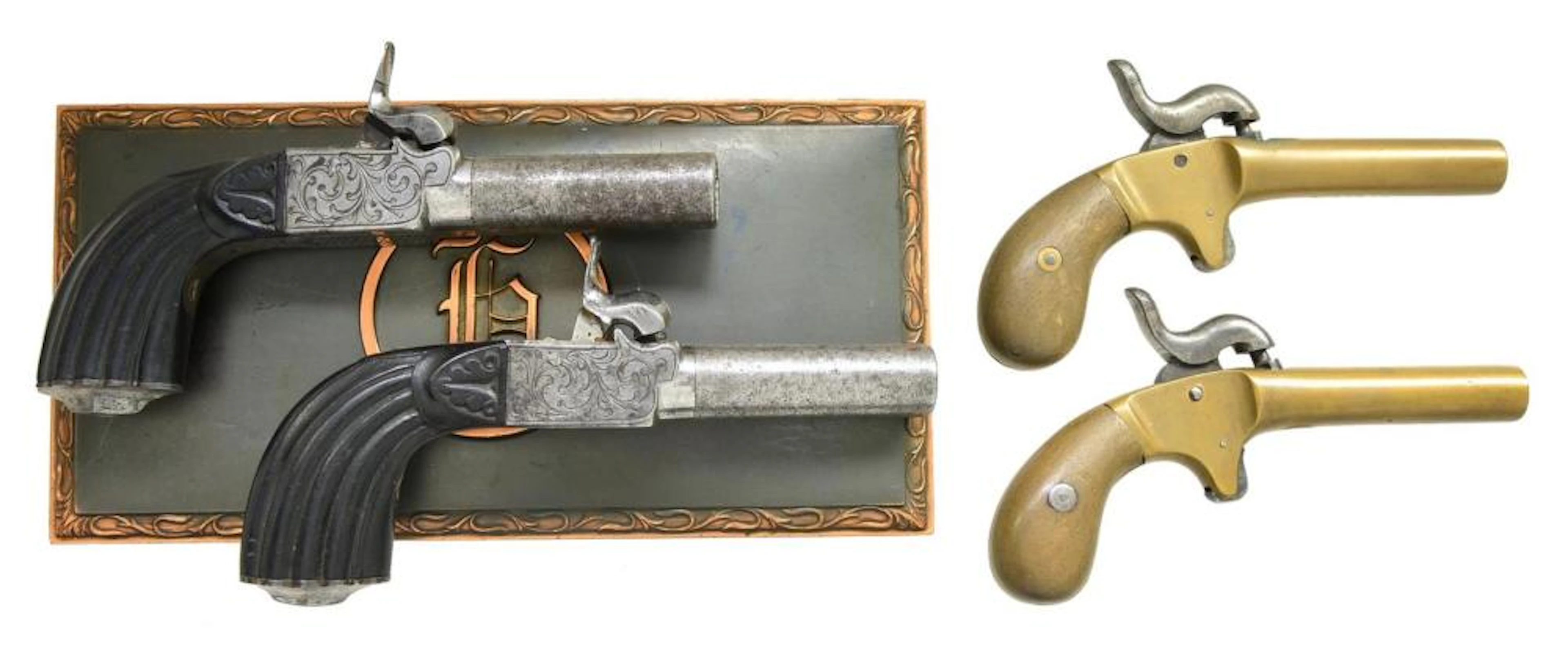 2 MATCHED PAIRS OF PERCUSSION SINGLE SHOT PISTOLS.