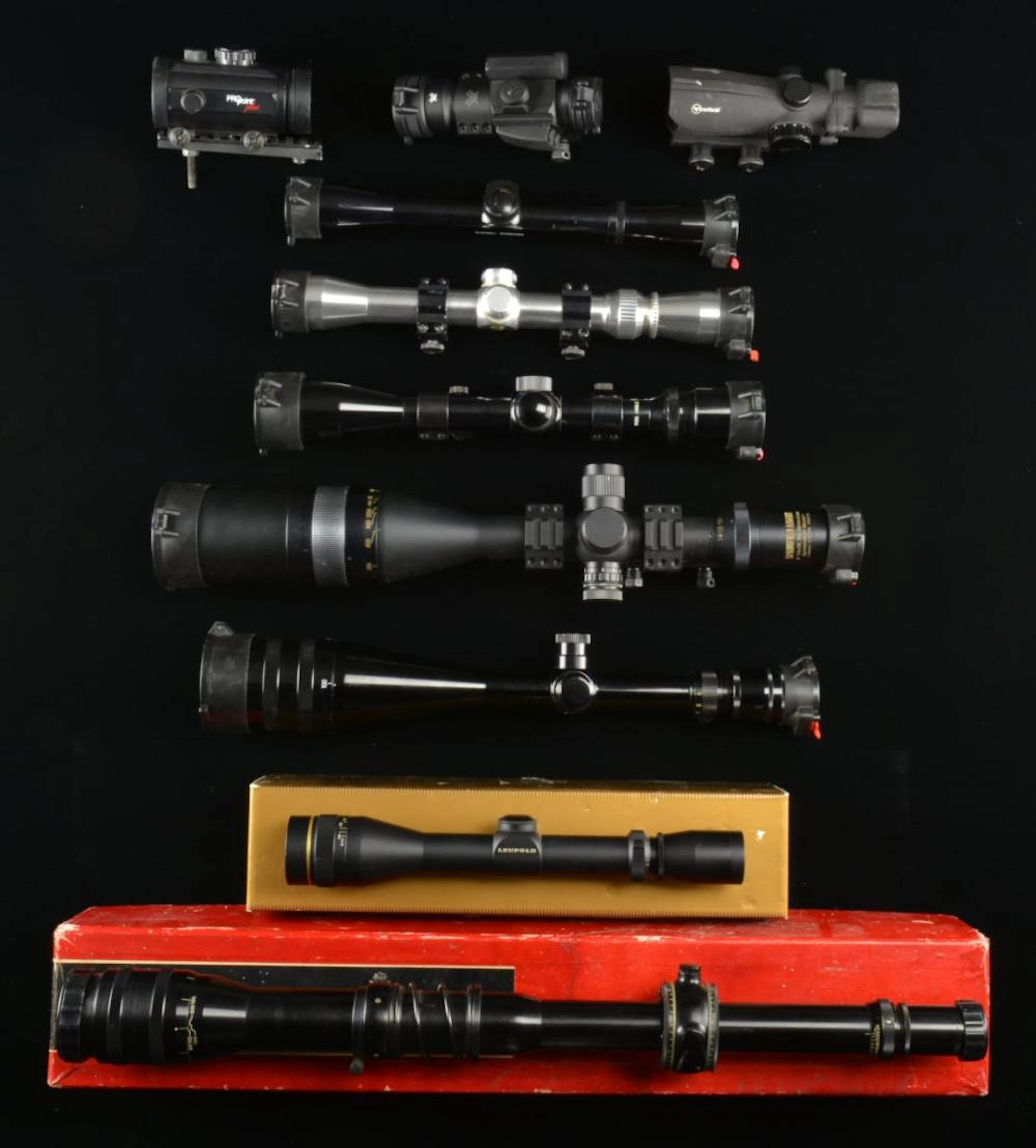 10 FIREARMS OPTICS; 7 SCOPES & 3 RED DOTS.