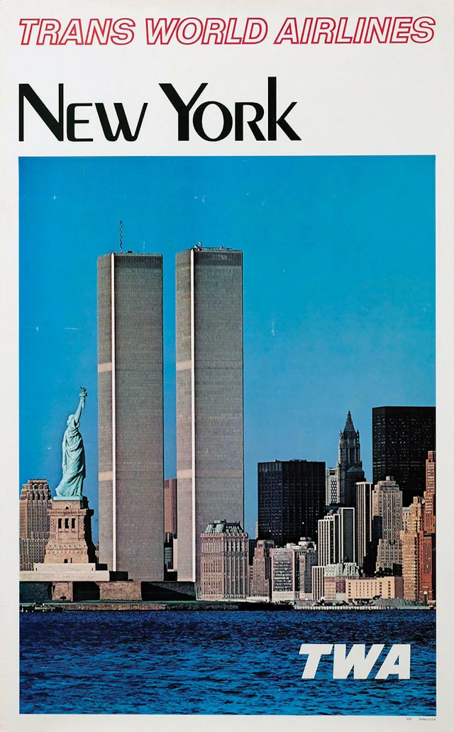 Poster by Anonymous - TWA New York (Twin Towers, Statue of Liberty)