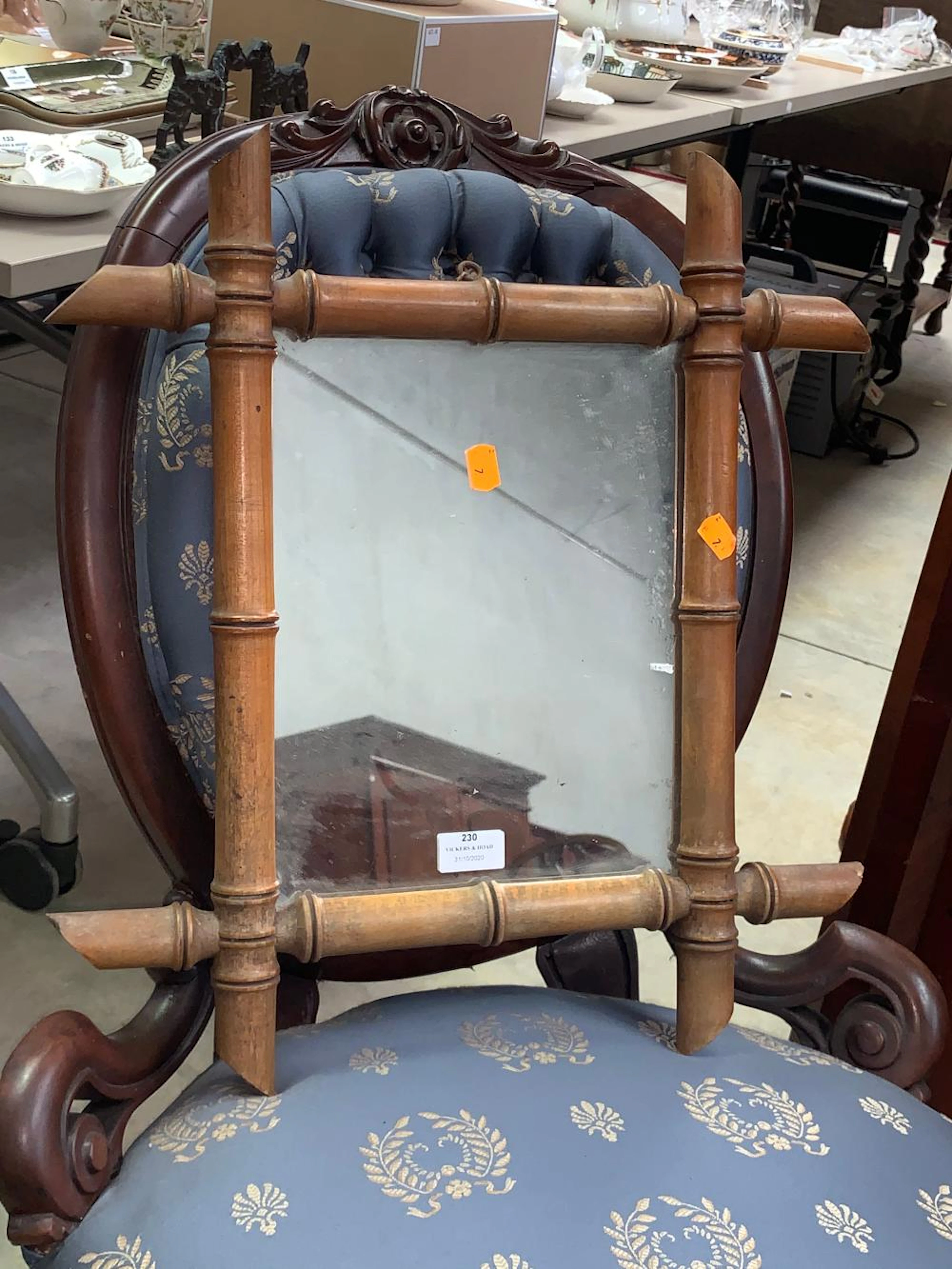 Antique French faux bamboo mirror, approx 52cm x 47cm