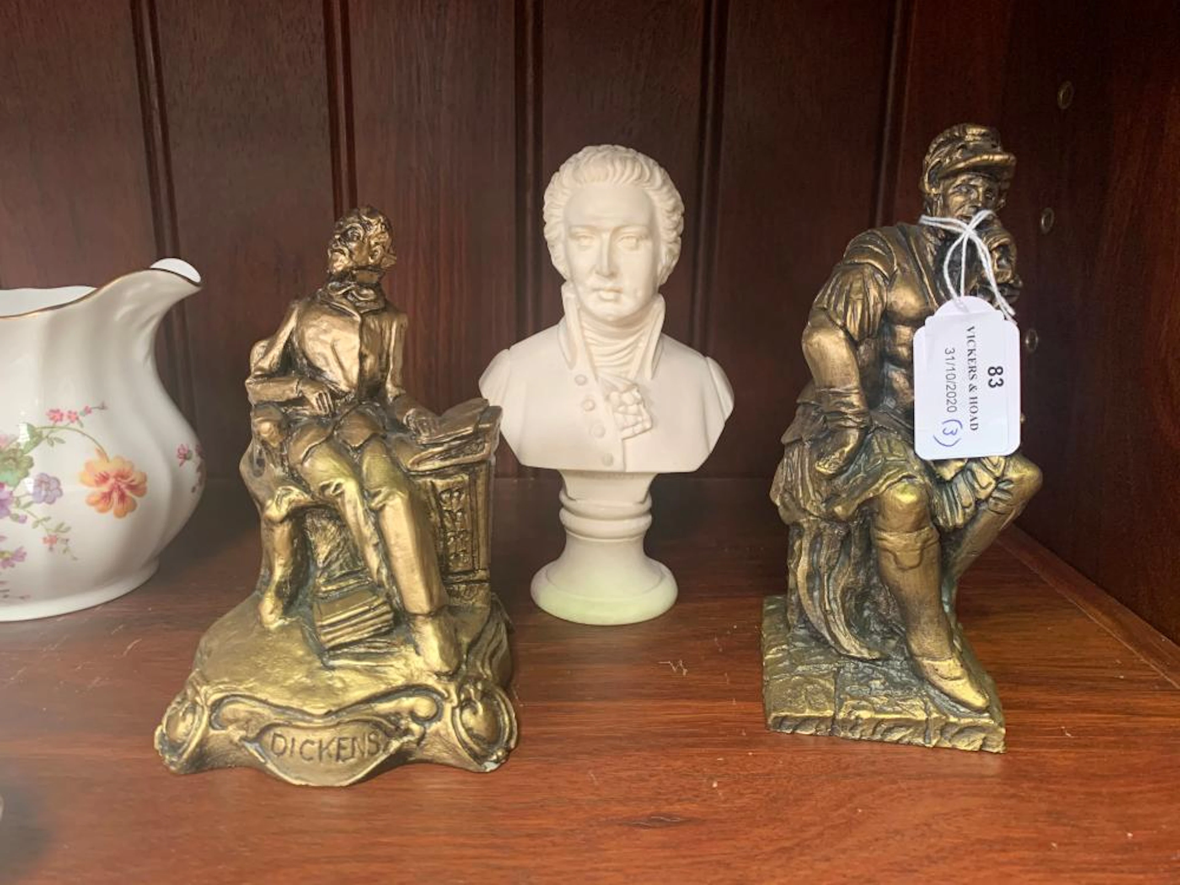 Mozart bust and two gilt figures, approx 16cm h and shorter (3)