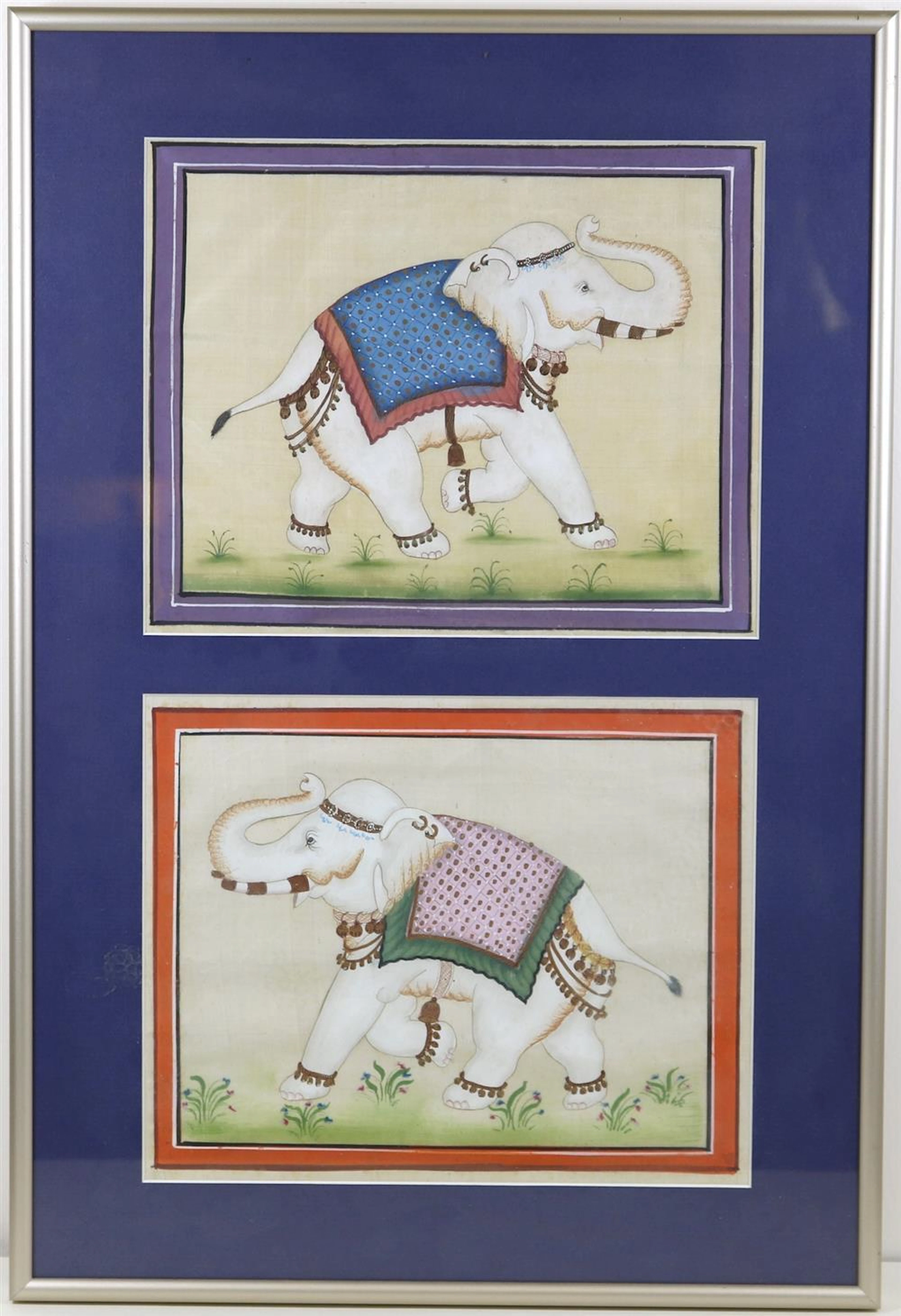 PAIR OF SILK PAINTINGS OF WHITE INDIAN ELEPHANTS