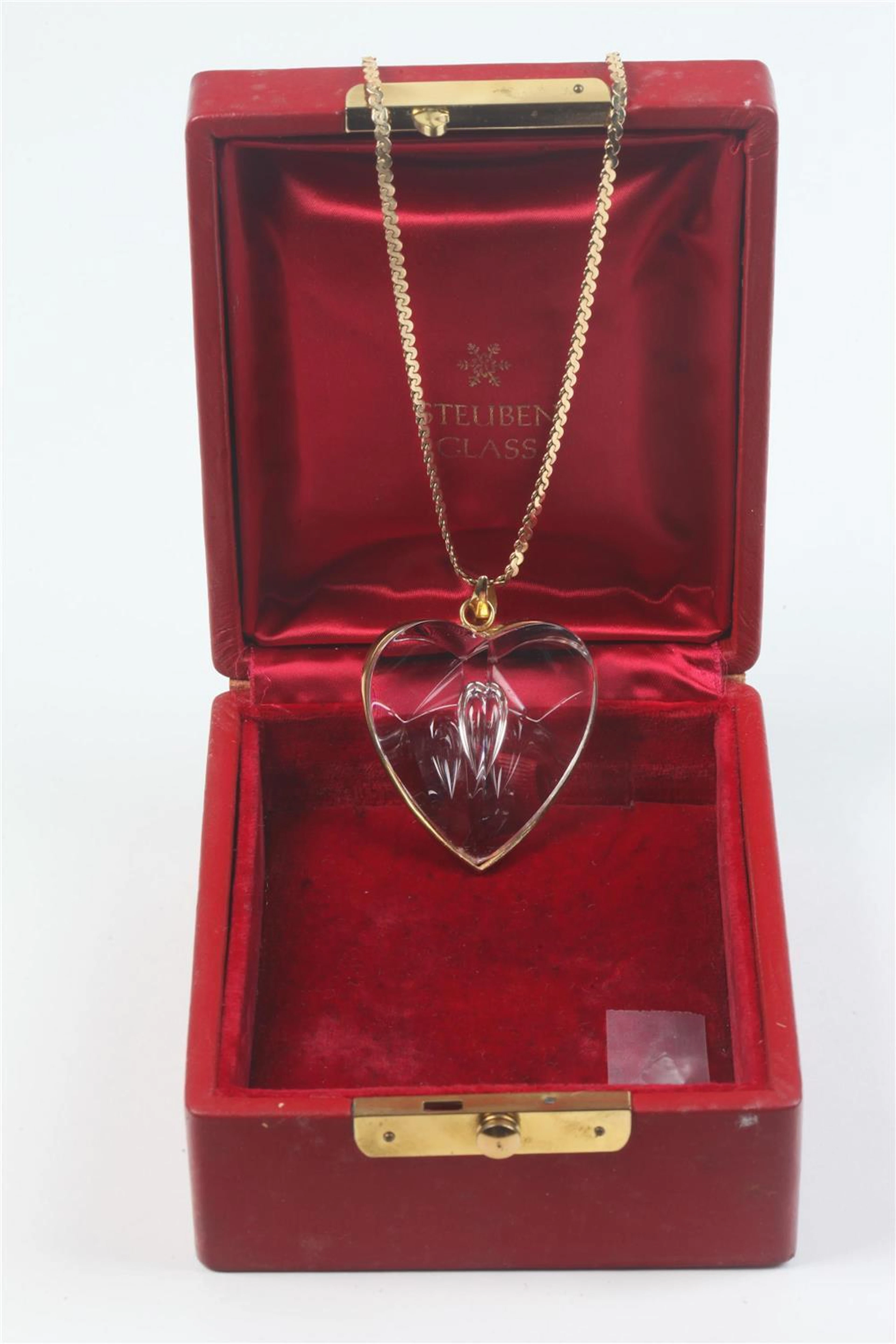 STEUBEN 18K YELLOW GOLD MOUNTED COLORLESS CRYSTAL HEART...