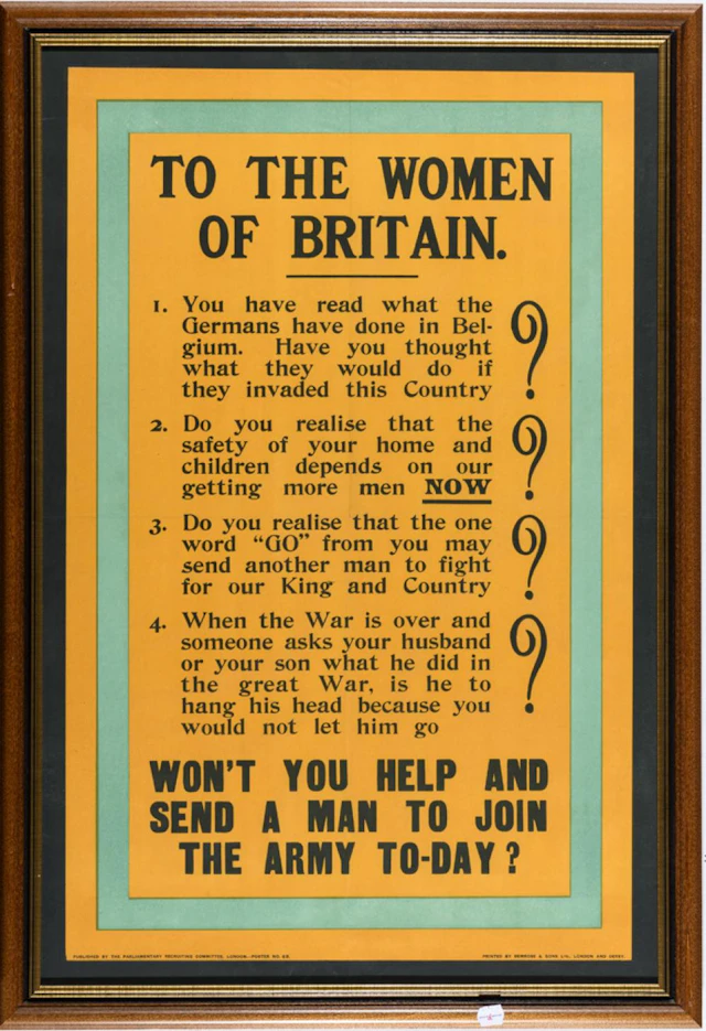 ENGLISH WORLD WAR I POSTER: "TO THE WOMEN OF BRITAIN"
