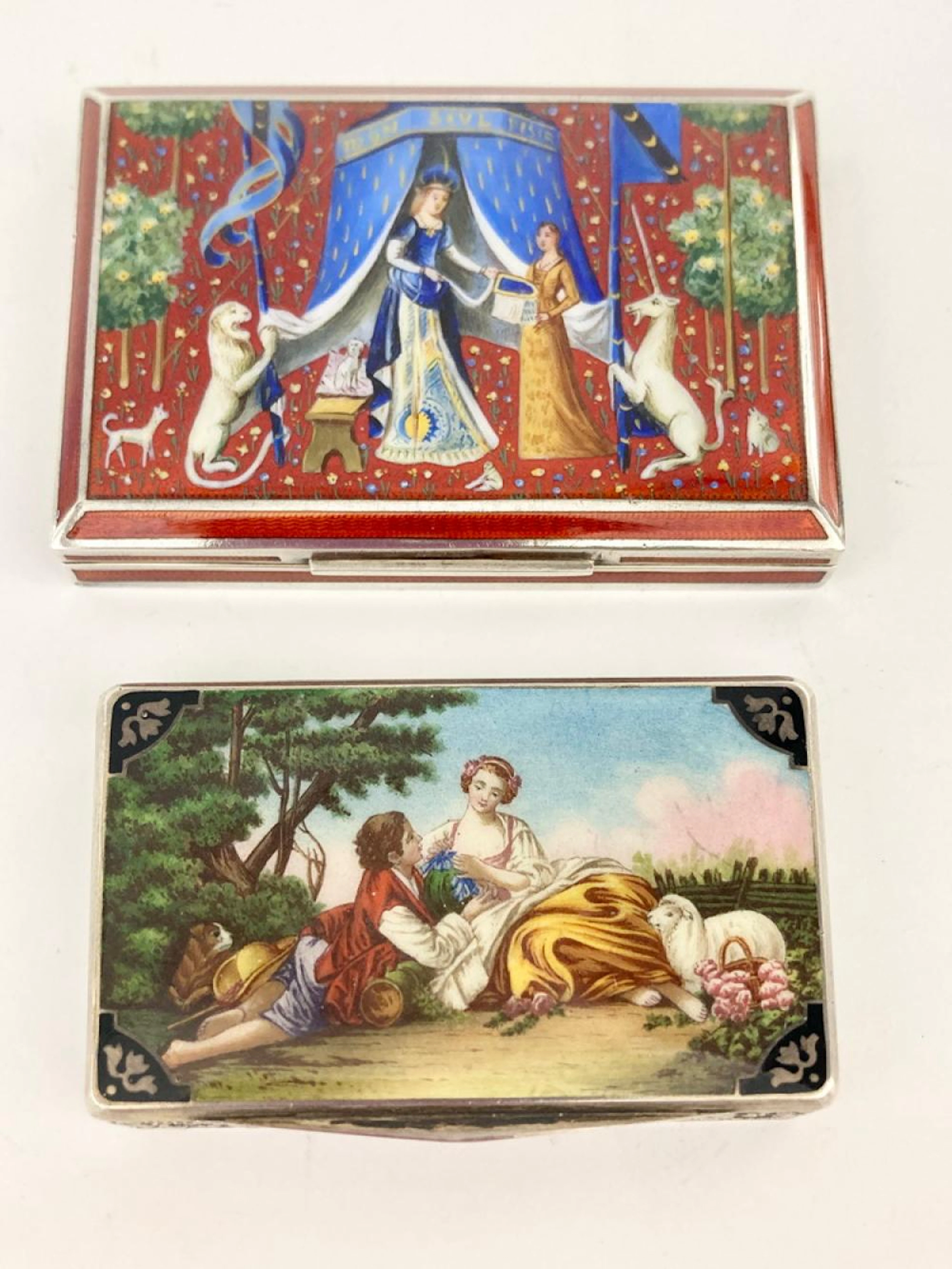 TWO STERLING SILVER AND MULTI-COLOR ENAMEL SCENIC CIGARETTE CASES