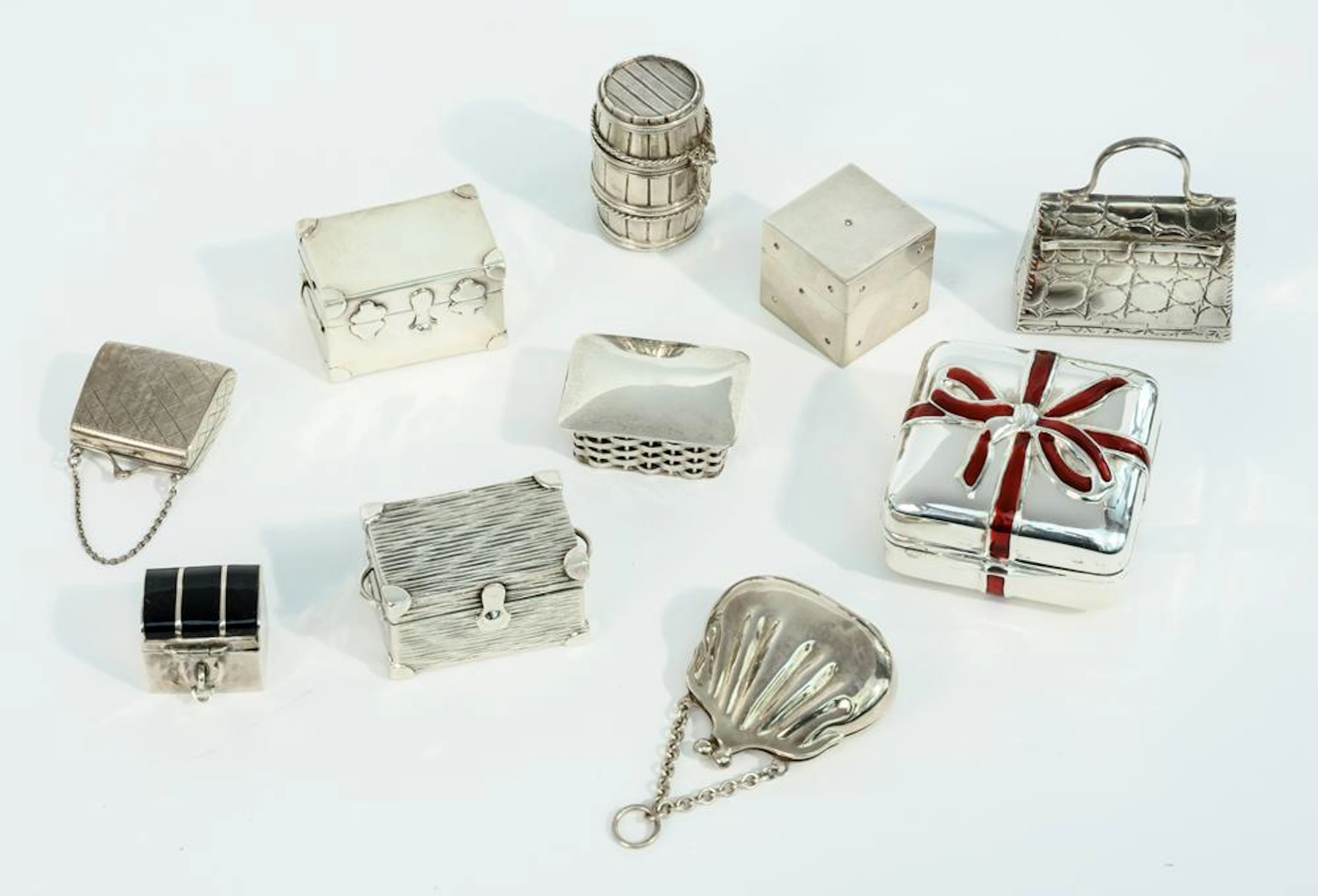 TEN ASSORTED SILVER FIGURAL MINIATURE BOXES,