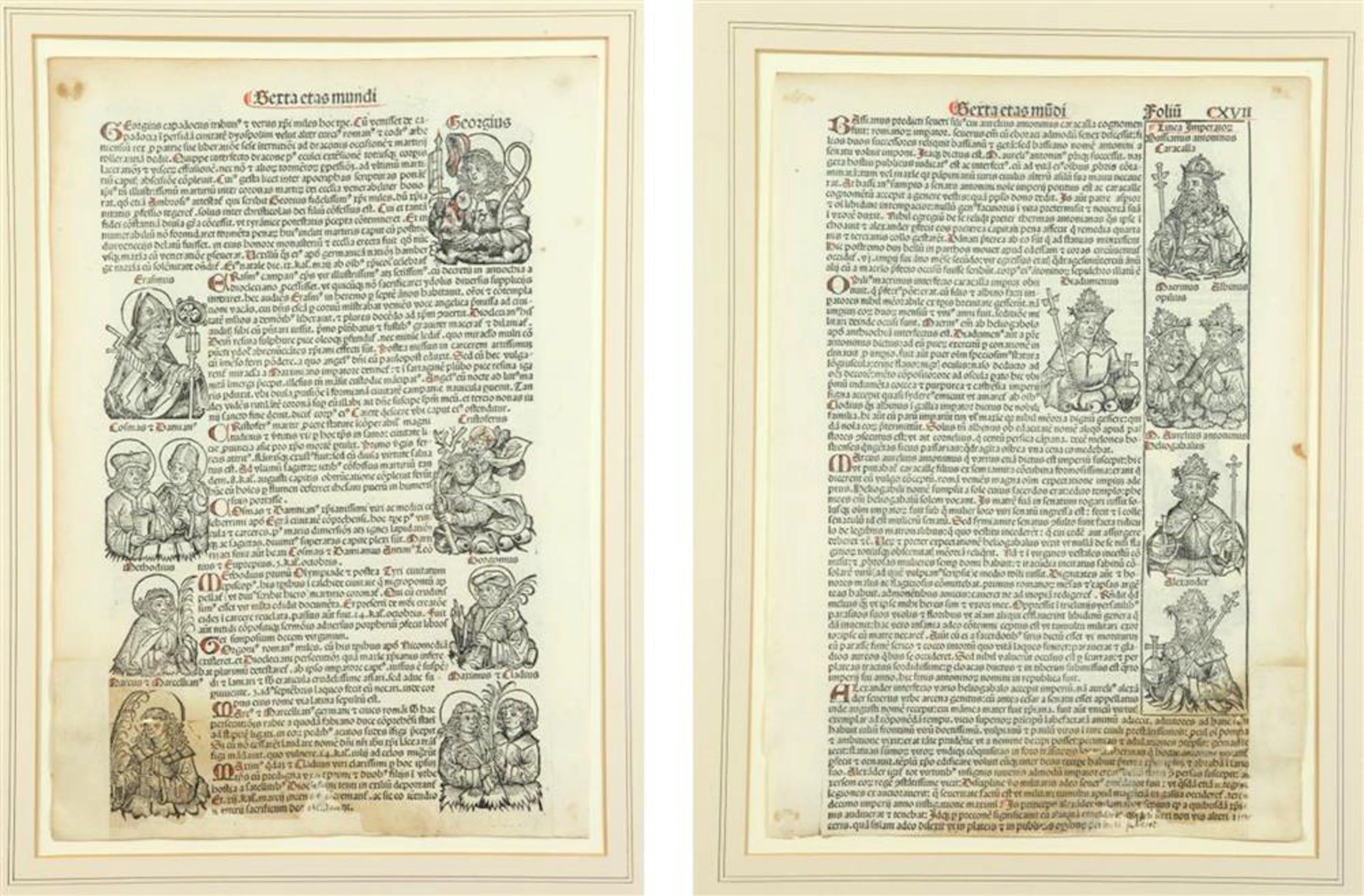 PAIR OF 1493 NUREMBERG CHRONICLE LEAVES. - 16 x 11 in; frame: 25 x 18 in.