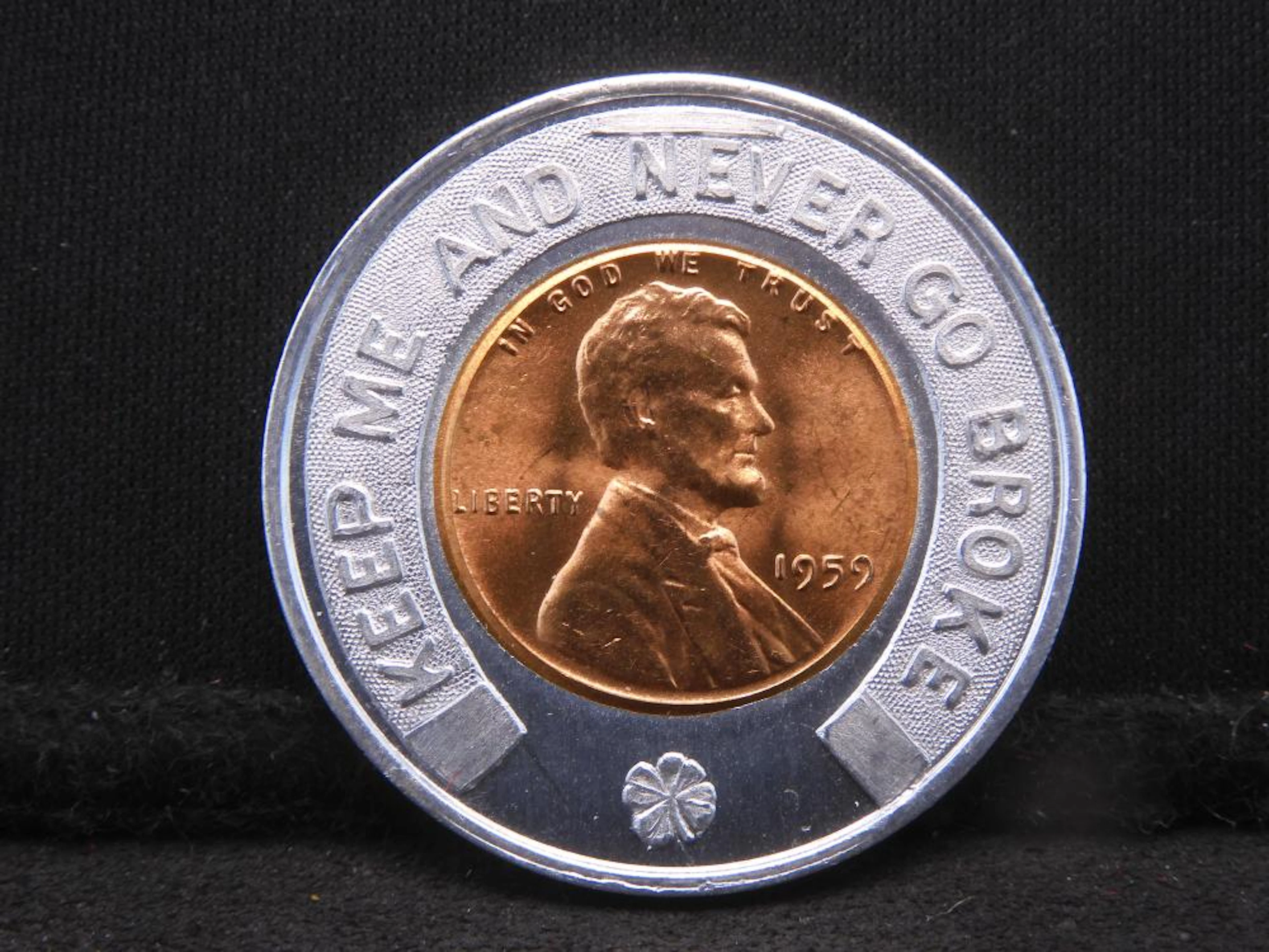 Encased Good Luck 1959 Memorial cent. The Coin Shop, Angola Indiana. GEM Red BU.