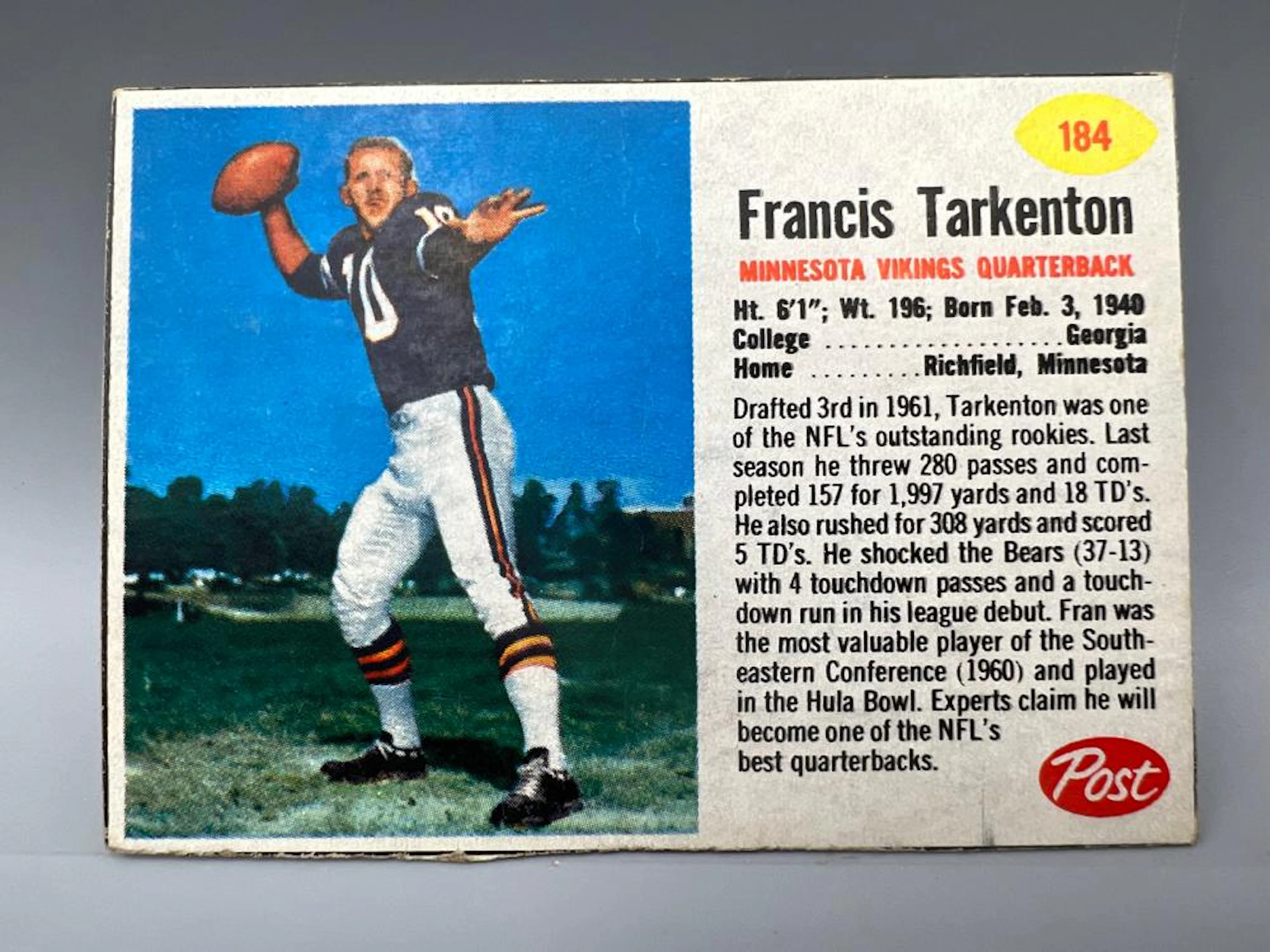 1962 POST #184 FRAN TARKENTON - ROOKIE - (HOF) / VIKINGS