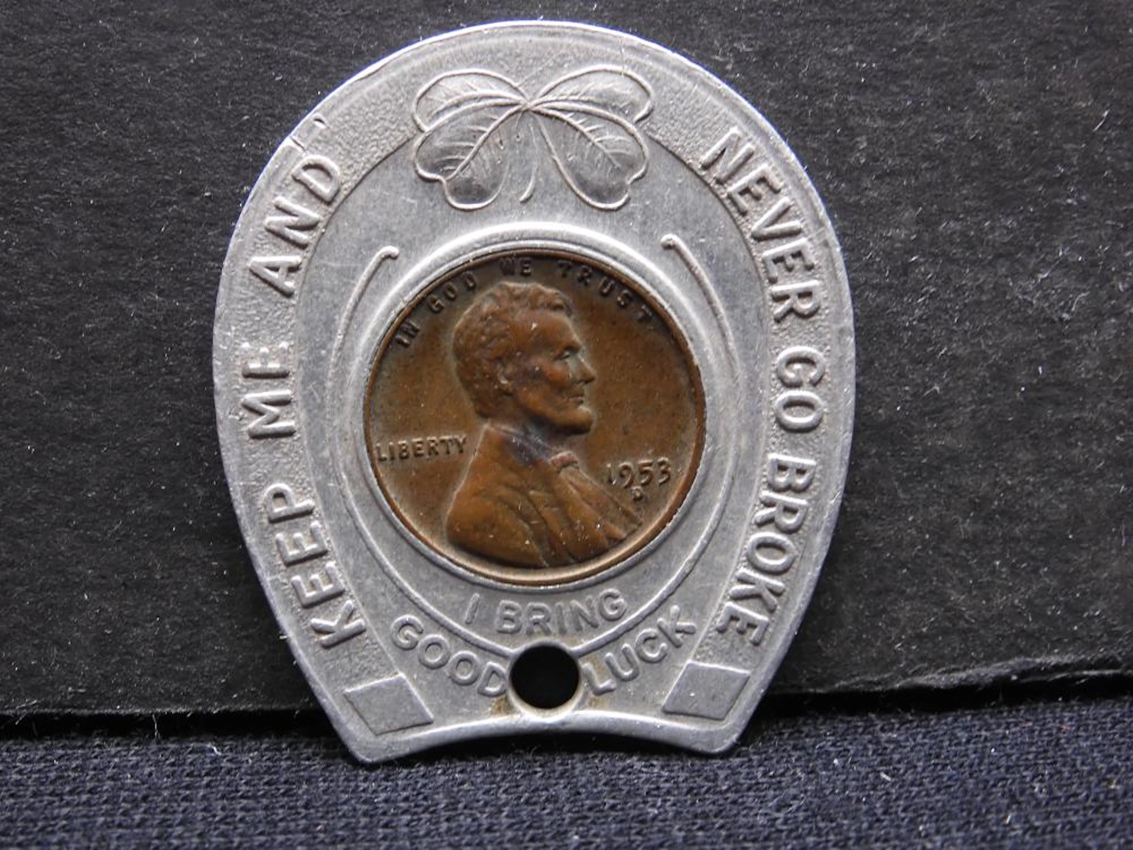 Encased Good Luck 1953-D wheat cent. Borok Furniture, Newark NJ.