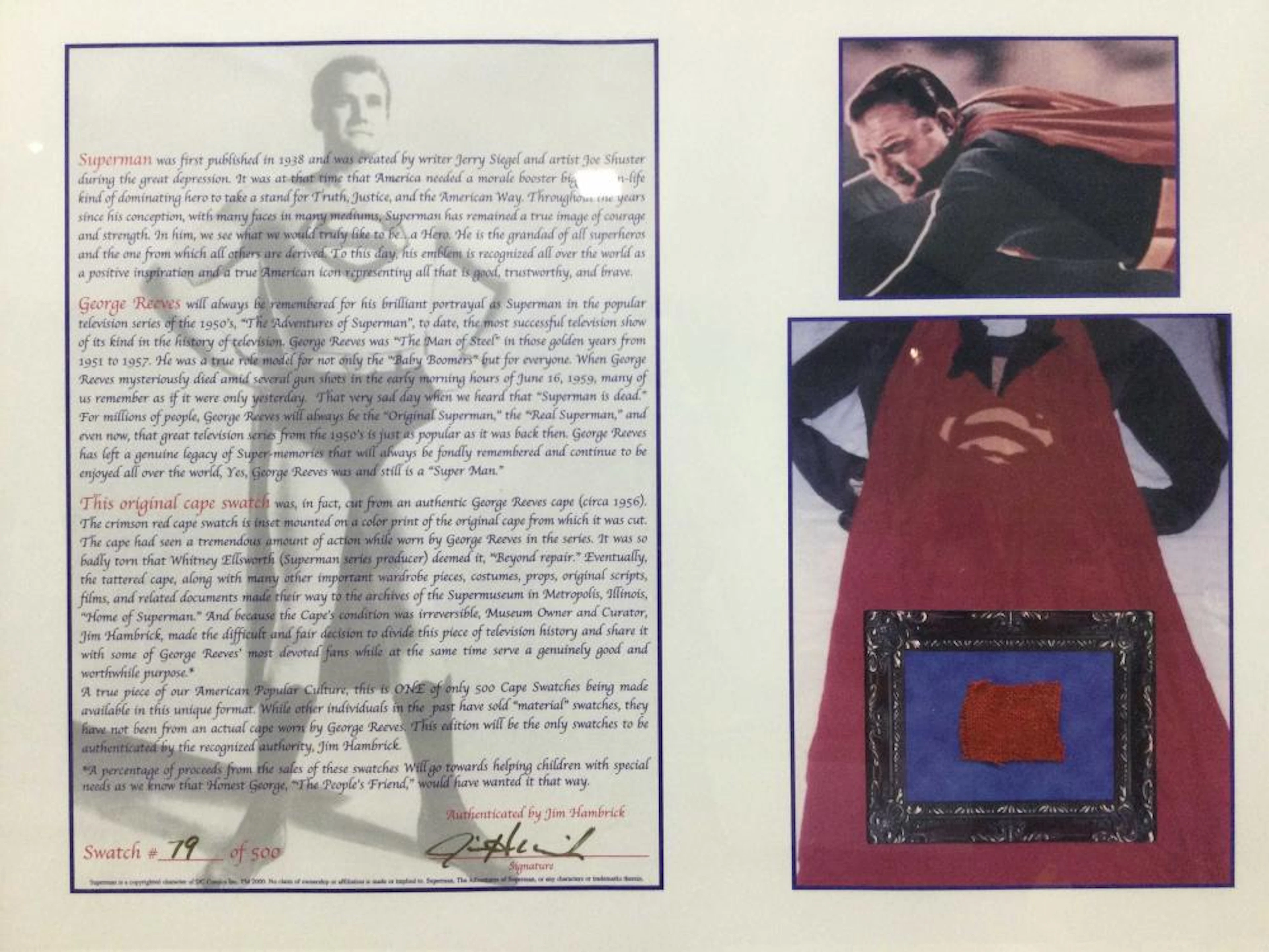 Original Superman Cape Swatch Collectible w/ COA