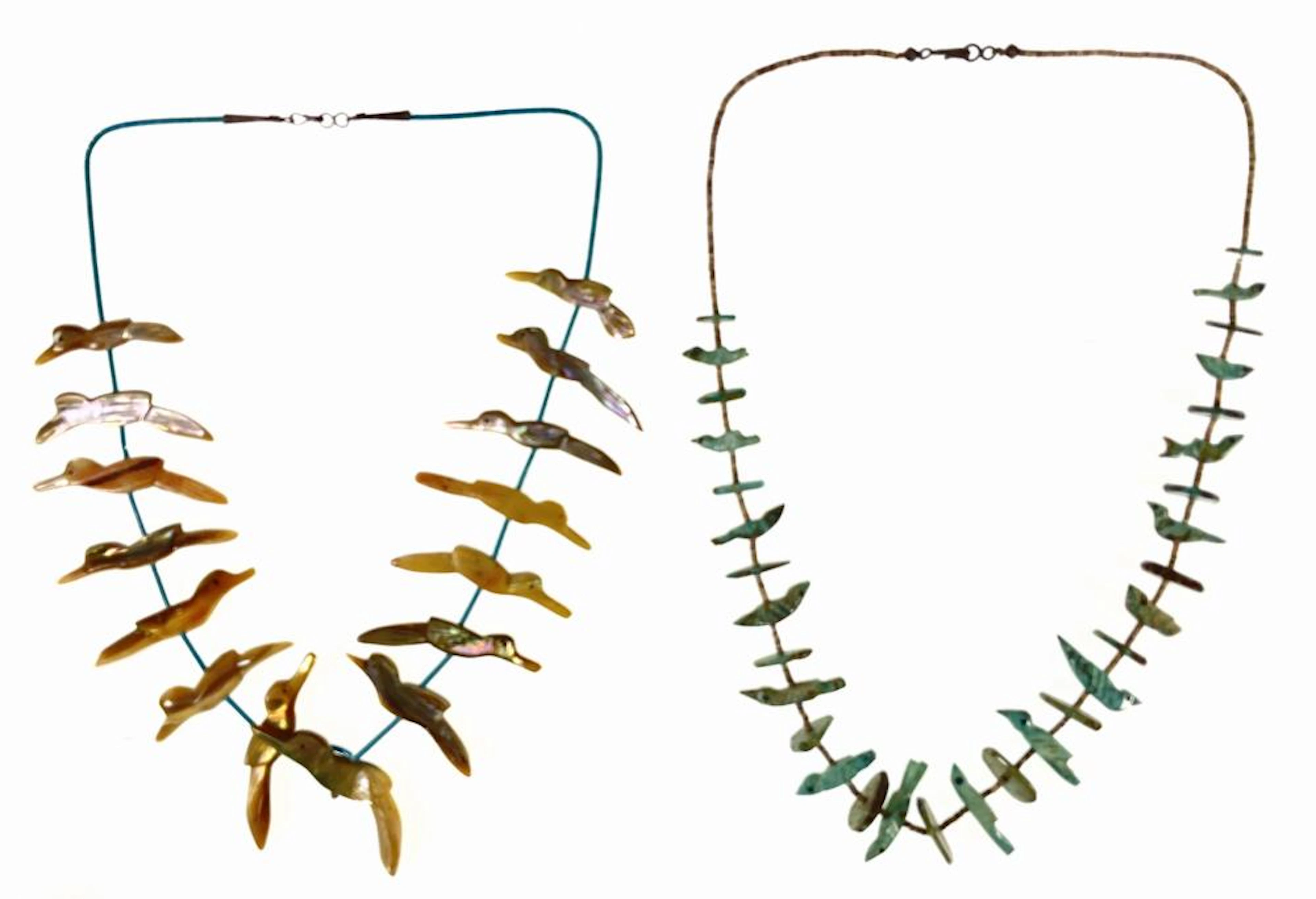 (2) Zuni Bird Fetish Turquoise & Abalone Necklaces