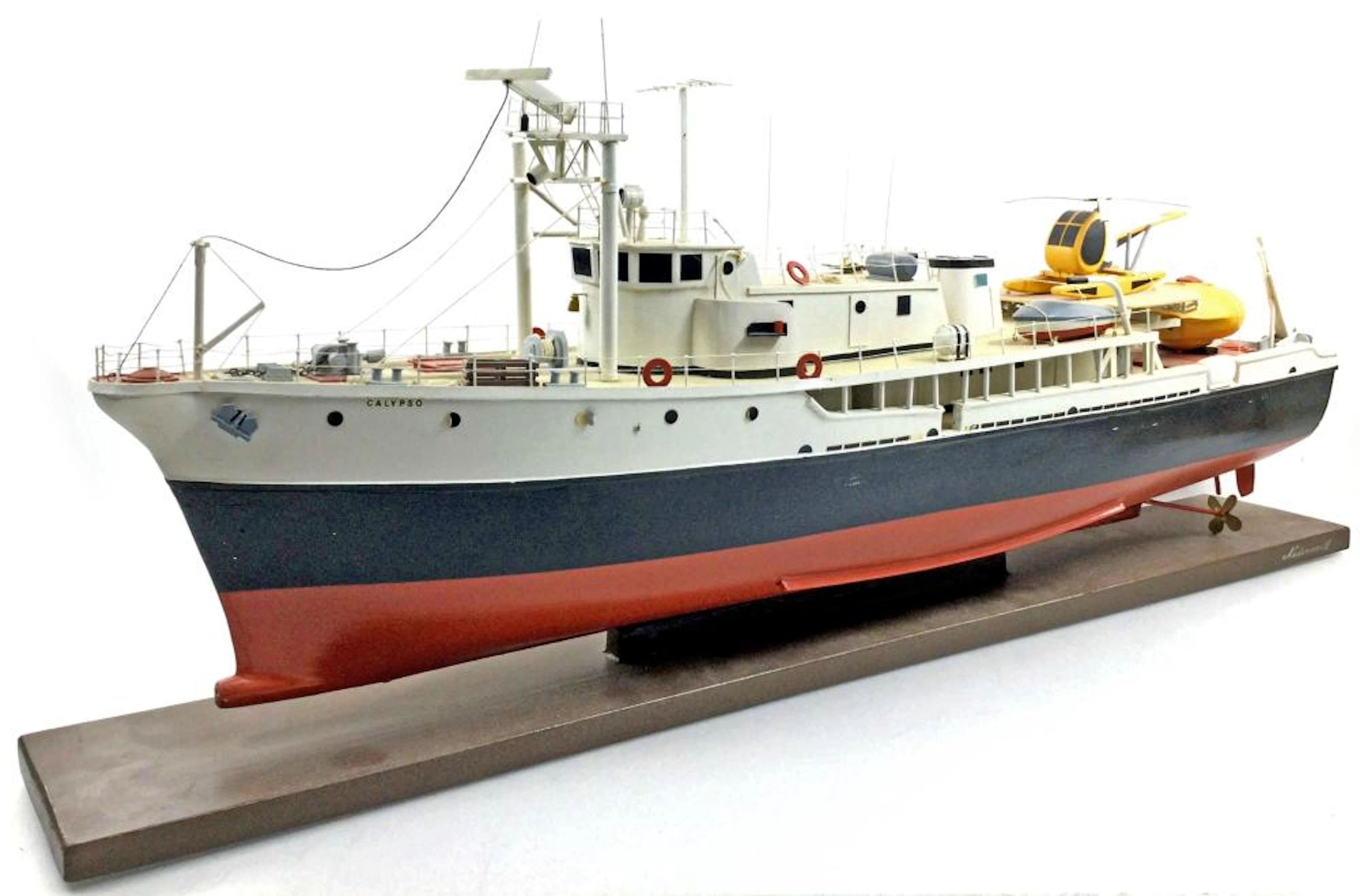 Jacques Cousteau Calypso Wood Model Ship w/ Base